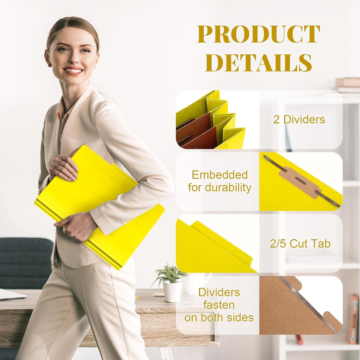 48 Pcs Classification Folders Letter Size, 2 Divider Pressboard File Folders with 3. 5 Inch Expansion, 2 Prongs Fastener, Heavy Duty Office File Organizers for Teachers, Medical (Yellow)