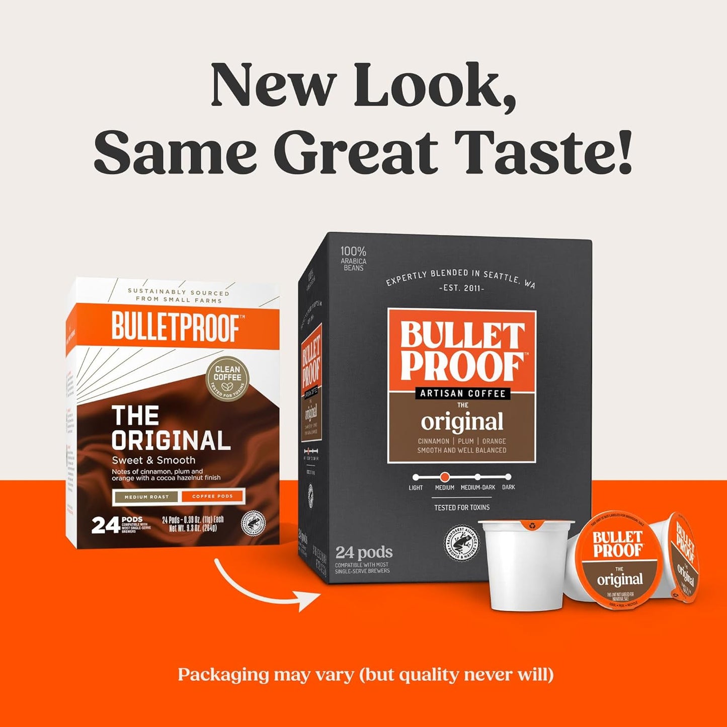 Bulletproof Original Medium-Roast Single-Serve Coffee Pods, 24 Count, 100% Arabica Beans, Clean Coffee Tested for Toxins, Packaging May Vary