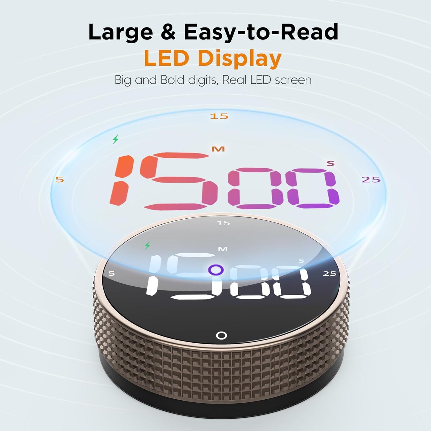 Rechargeable Magnetic Kitchen Timer-Loud Alarm Visual Productivity Timer&Pomodoro Timer with Large LED Display,3 Presets(5/15/25min),3 Volume Levels. Ideal for Cooking, Fitness&Office Use(BN)