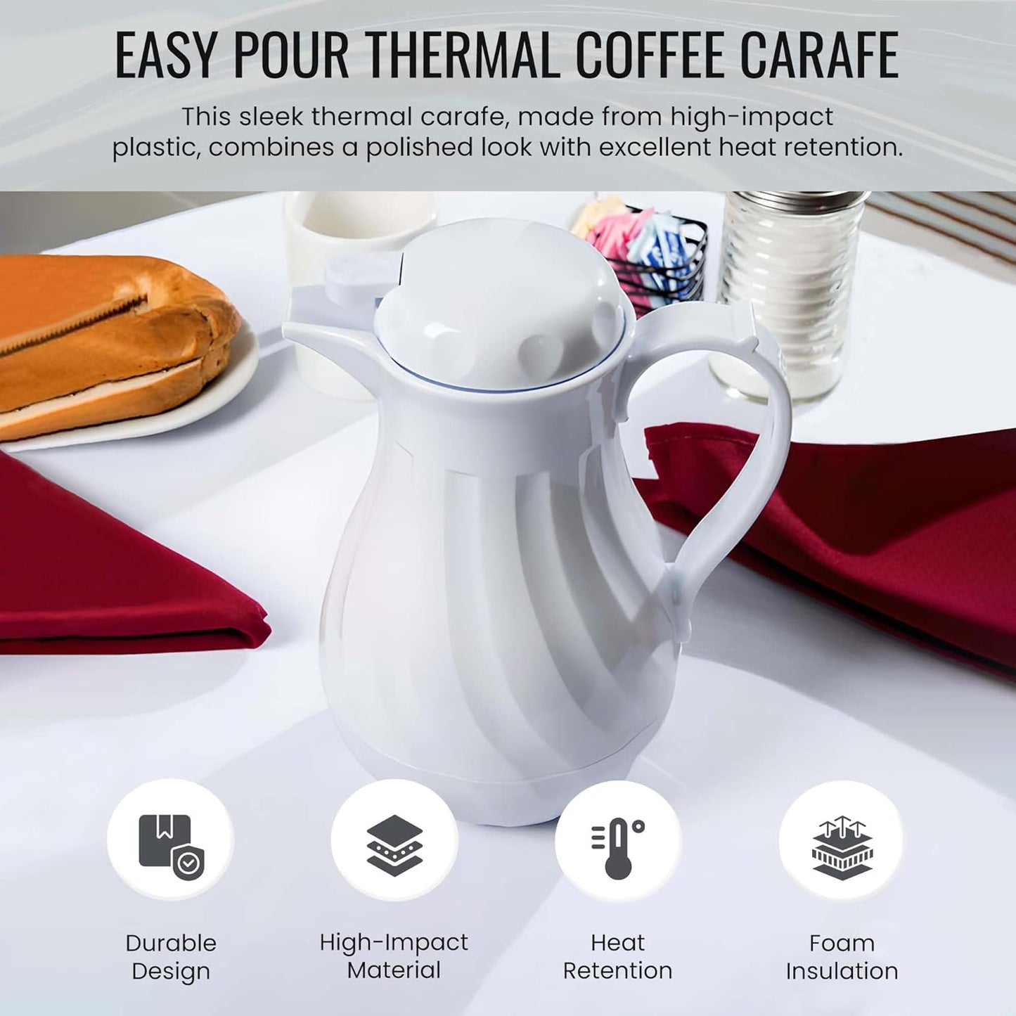 OCS Parts Easy Pour Thermal Coffee Carafe | 10-Inch Insulated Hot and Cold Beverage Pitcher Server for Coffee, Tea, Hot Chocolate and Water with Colored Tags for Easy Idenfication | 42-Ounce | White