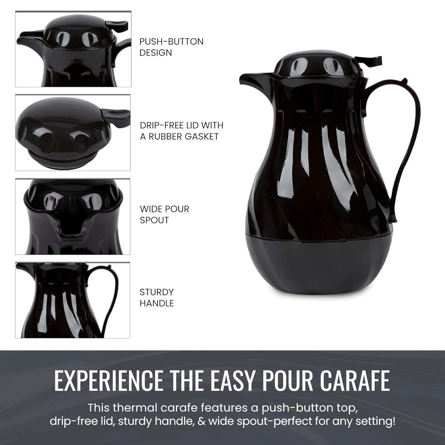 OCS Parts Easy Pour Thermal Coffee Carafe | 11-Inch Insulated Hot and Cold Beverage Pitcher Server for Coffee, Tea, Hot Chocolate and Water with Colored Tags for Easy Idenfication | 64-Ounce | Black