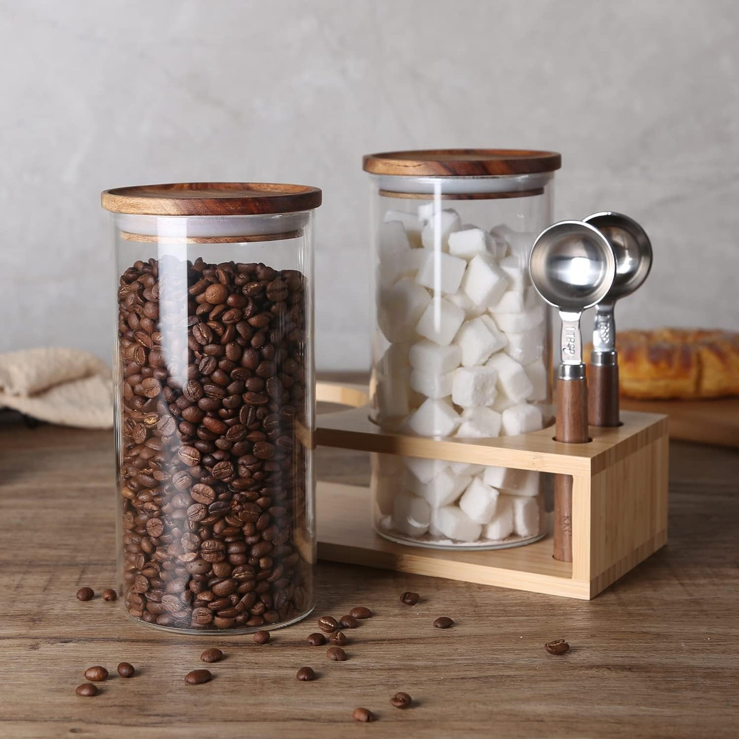 KKC HOME ACCENTS Air Tight Glass Coffee Tea Containers with Spoons for Coffee Beans,Loose Tea,Ground Coffee,Matcha,Glass Canisters with Airtight Lids and Scoops,39 Fl oz