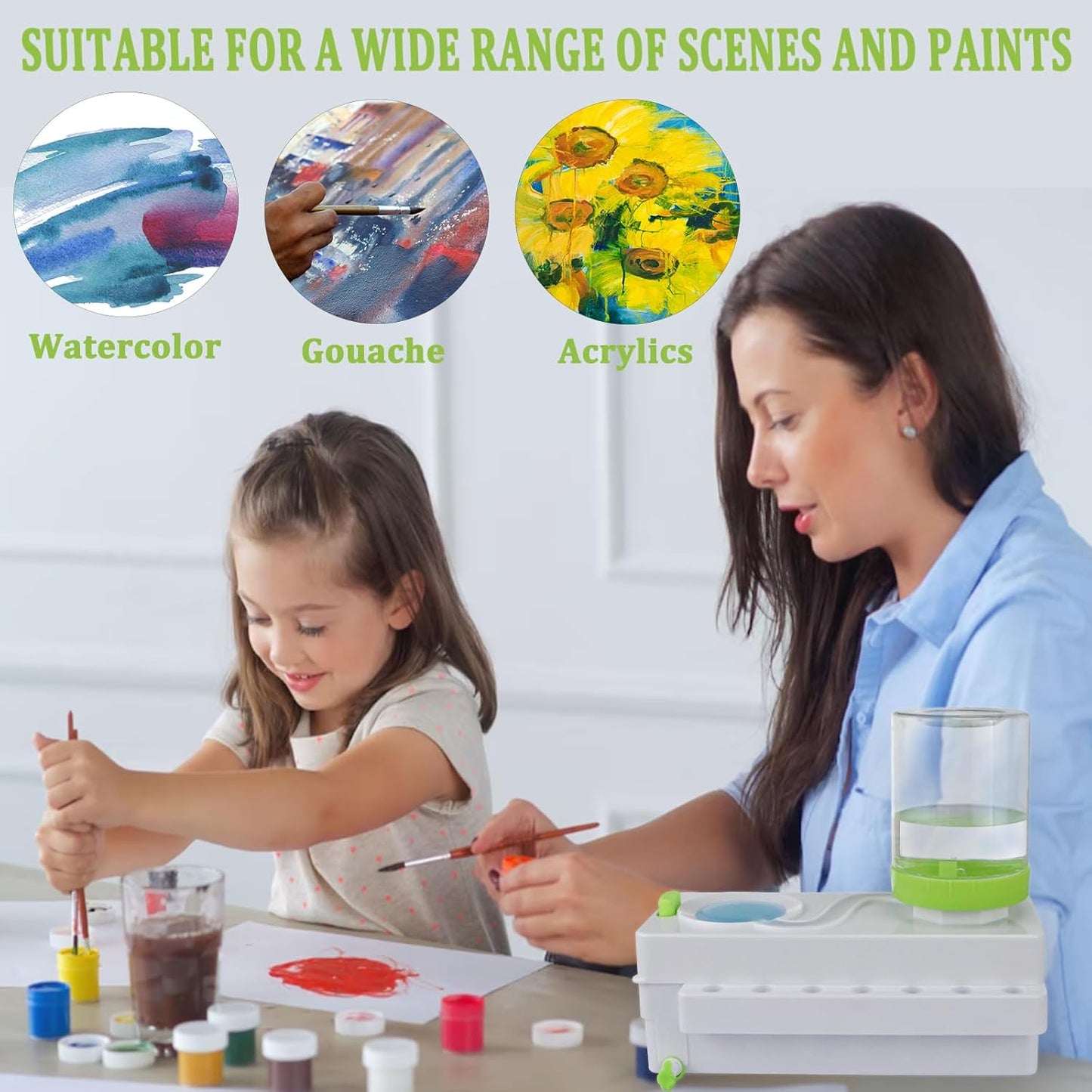Paint Brush Cleaner, Painting Station with Drain and Brush Holder, Strengthen Water Recycling Brush Rinser, Paint Brush Cleaner Tool for Acrylic, Watercolor and Water-Based Painting Supplies, Green