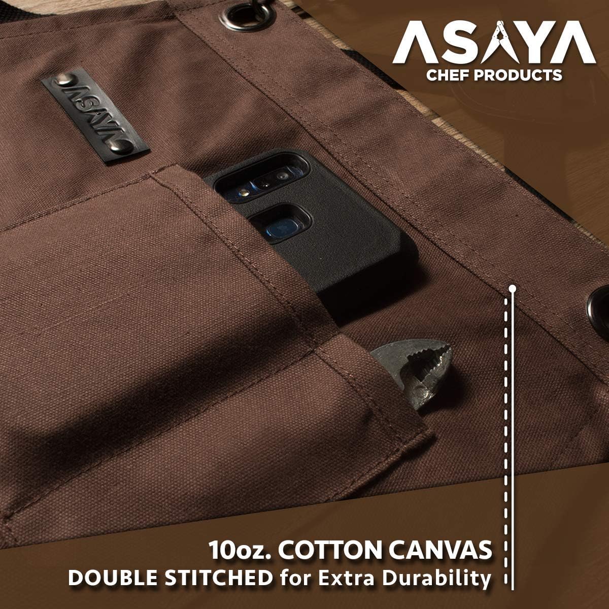 Asaya Chef and BBQ Apron with Bottle Opener and Hand Towel - 10oz Cotton Canvas, Stainless Steel Hardware - Cross Back Straps