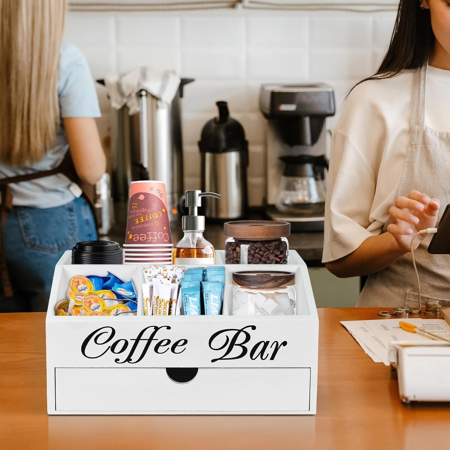 Wooden Coffee Bar Organizer Countertop With Drawer, Station Accessories, Pods Holder Storage Basket, Farmhouse Tea Condiment Organizer