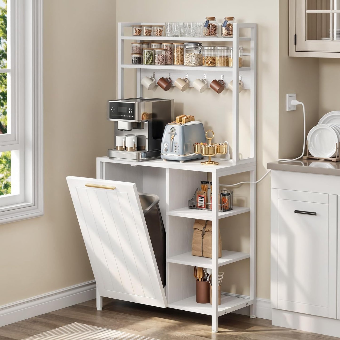 YITAHOME Bakers Rack with Storage Microwave Stand with Trash Can Bin Cabinet and Power Outlet 6-Tiers Coffee Stand Large Microwave Table for Kitchen Dining Room Living Room White