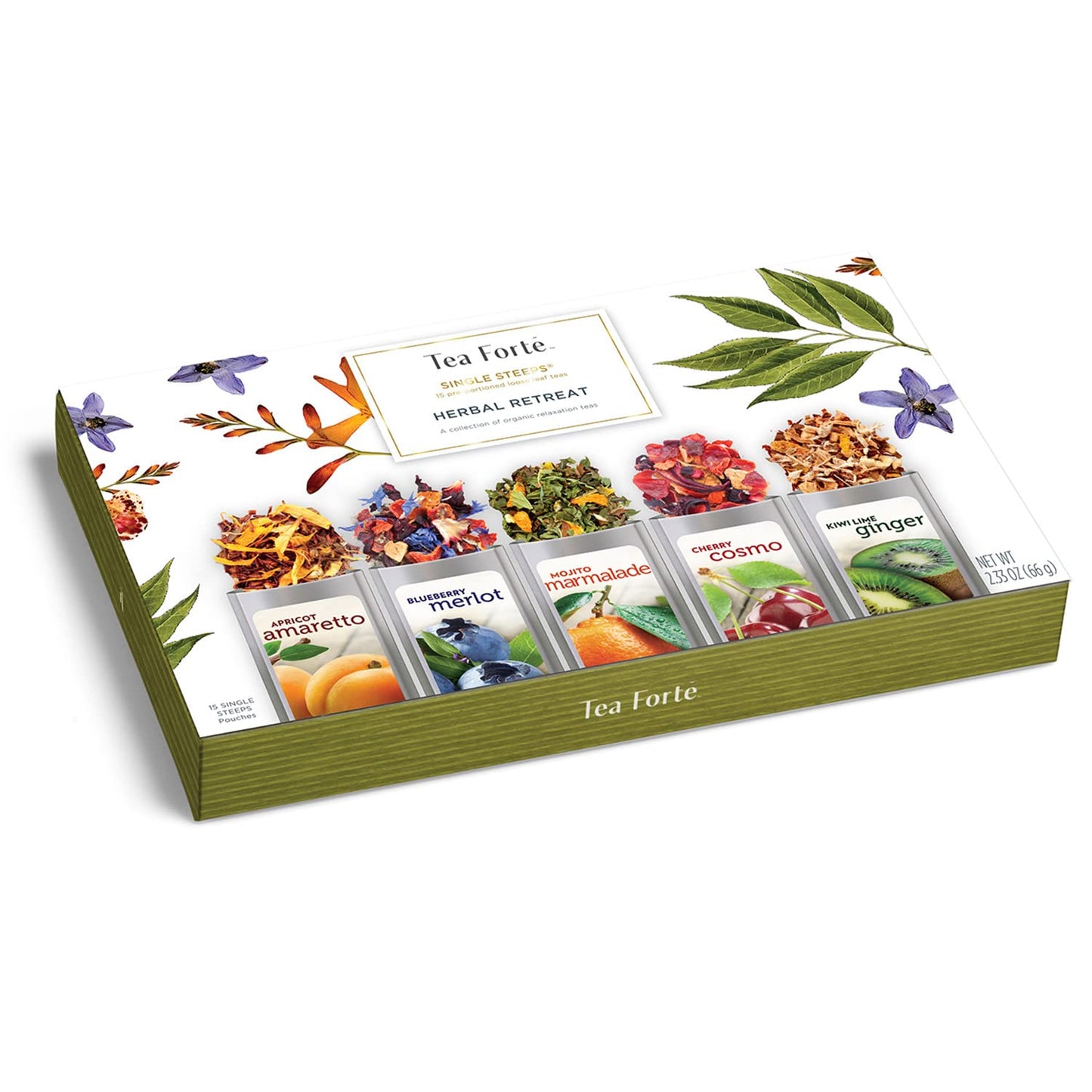 Tea Forte Single Steeps Loose Leaf Herbal Retreat Premium Tea Sampler 15 Count 3 of Each Assorted Blends, Pre-Portioned Single Serve Pouches, Steeps 12 oz