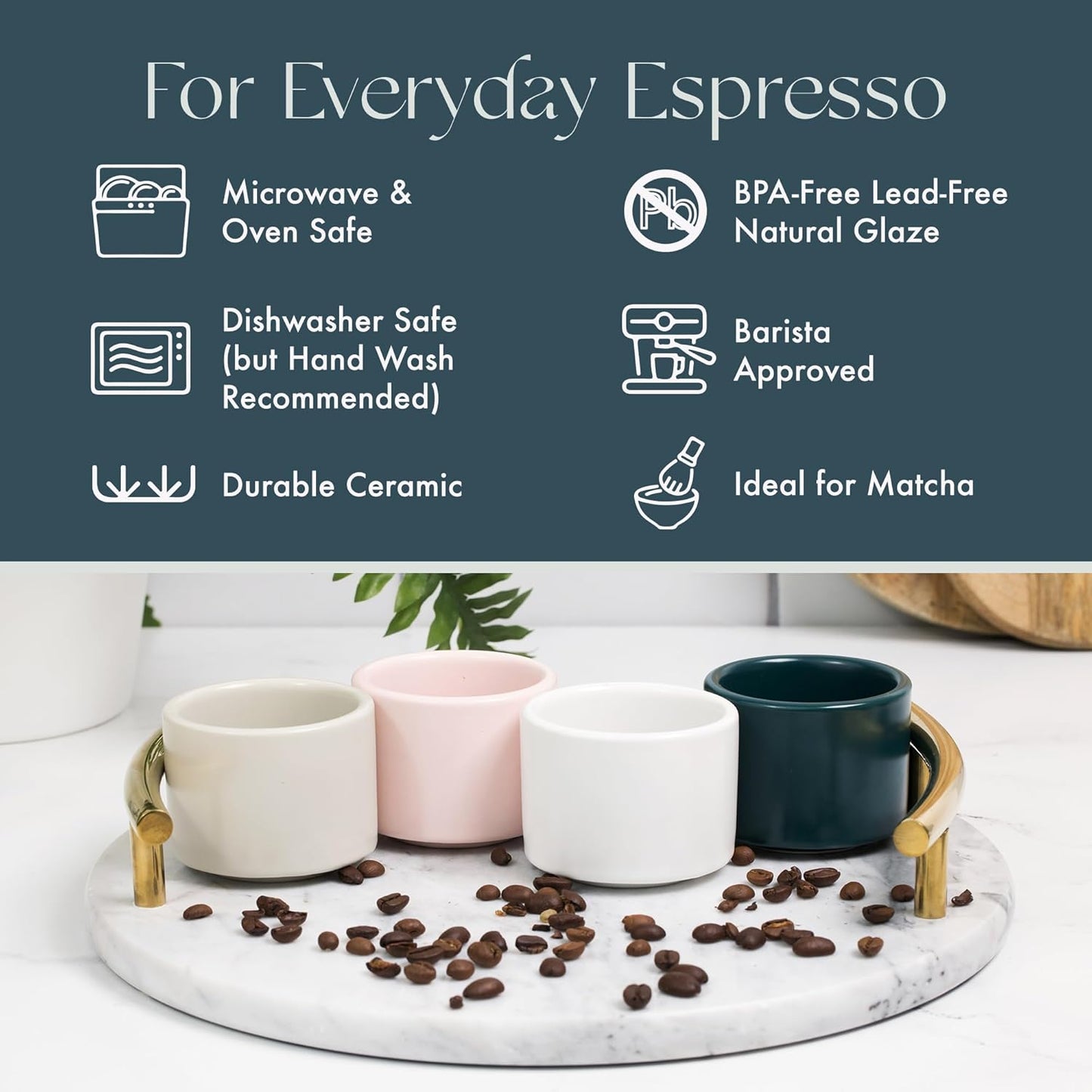 Folk Ceramics Leonard Ceramic Espresso Cups | Modern Stackable Demitasse Mugs for Espresso | Thick Walled, Handleless, Durable, Dishwasher & Microwave Safe | Set of 2, 3oz | Blue Emerald