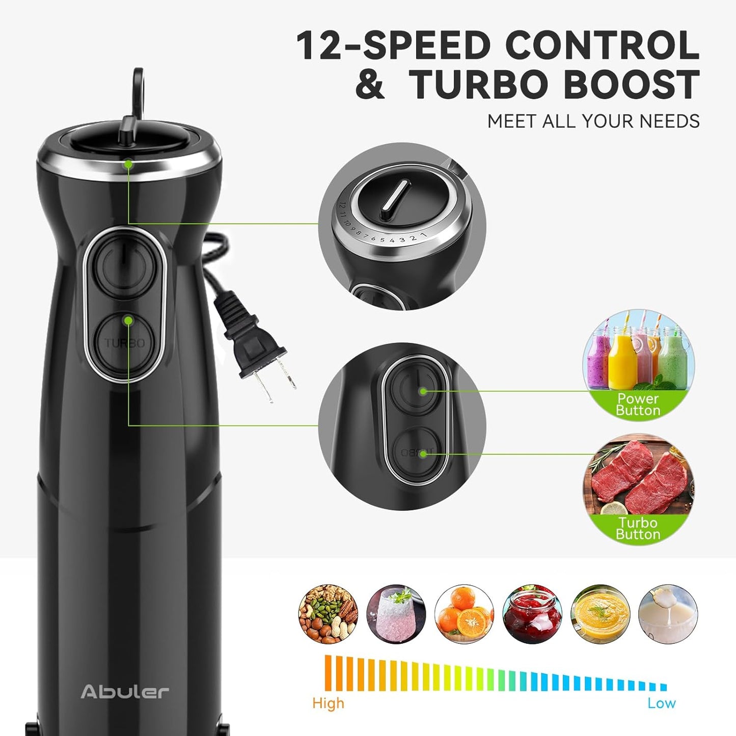 Immersion Blender Handheld Hand Blender, 1000W 5 in 1 Hand Mixer Stick, BPA-Free 12 Speed Handheld Blender 304 Stainless, Mixing Beaker, Chopper, Whisk, Milk Frother, Soup, Smoothies, Baby Food, Sauce