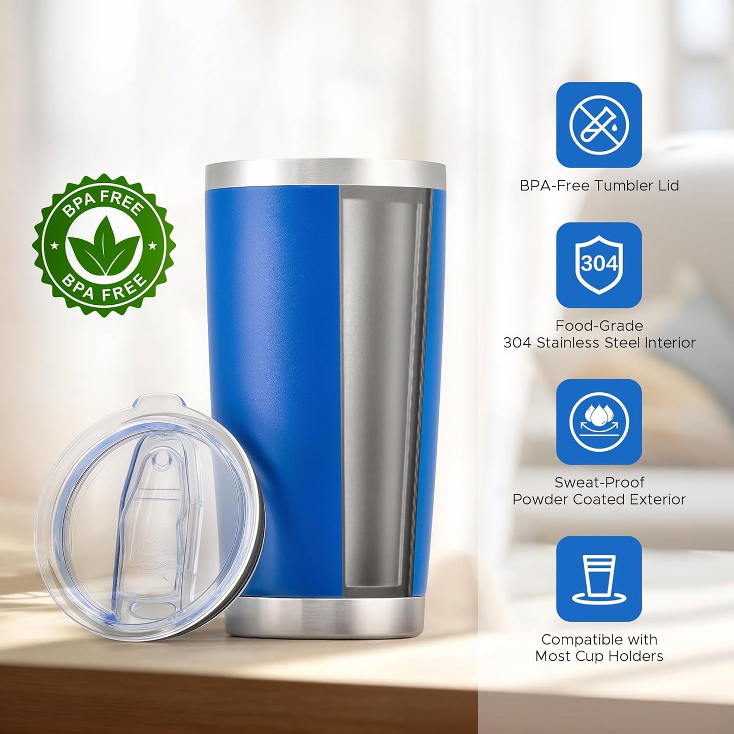 OMTech 20oz Tumblers Bulk, 6pc Stainless Steel Tumbler Set with Lid & Straw, Double Wall Vacuum Insulated Mug for Laser Engraver, Travel Coffee Mug for Hot & Cold Drinks, Navy Powder Coated Cup