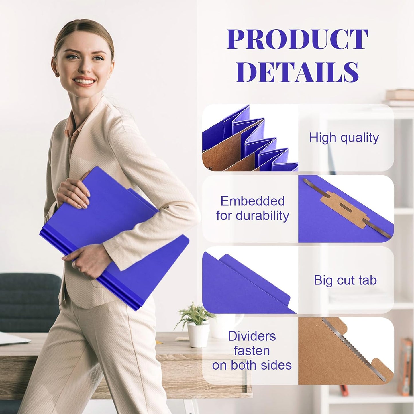 12 Pcs Classification Folders Letter Size, Back to School Supply for Teacher, Student, 3 Dividers Pressboard File Folder Bulk with 2 Fasteners, 3.5 Inch Expanding File Organizer (Purple)