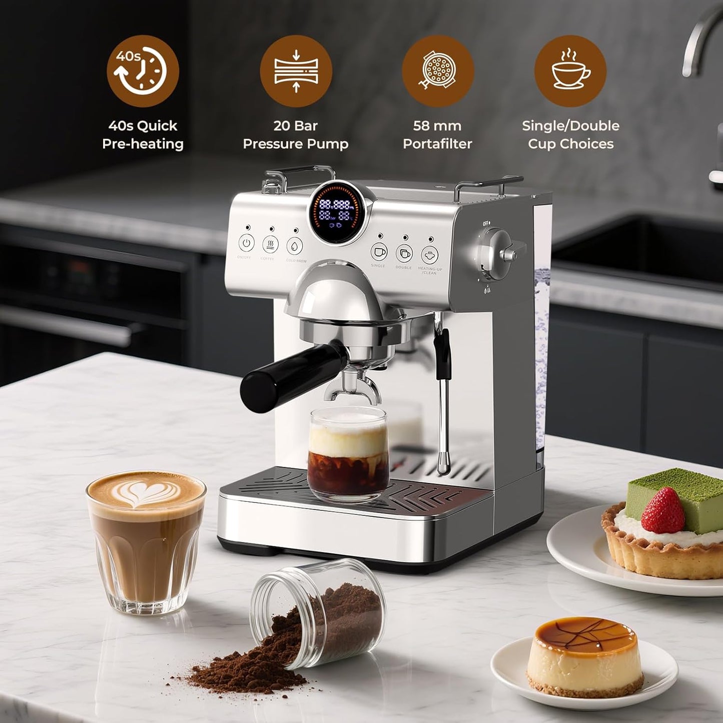 20 Bar Espresso Machine with Cold Brew,Stainless Steel Espresso Coffee Maker with Milk Frother,Latte & Cappuccino Machine for Home,50 oz Removable Water Tank,Dual-Temperature,Semi-Automatic