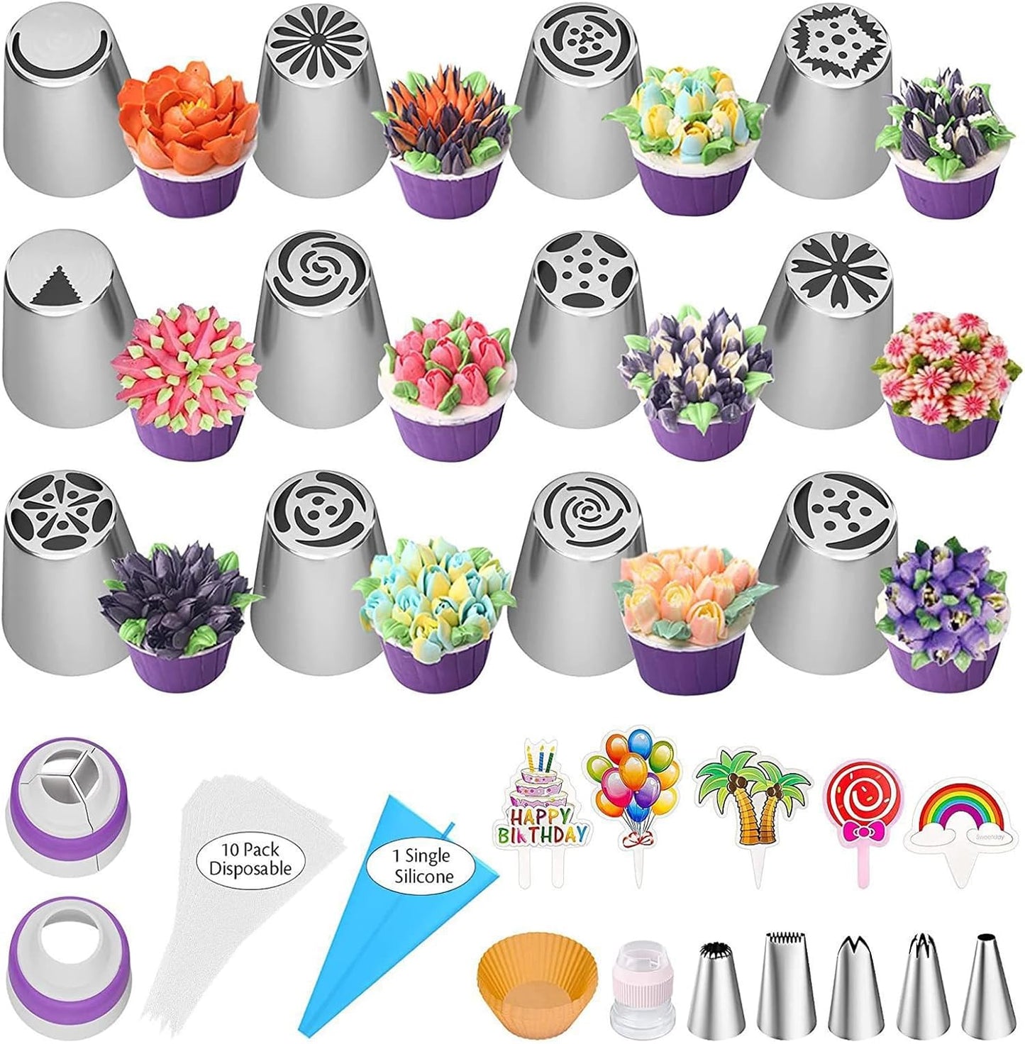 56-Piece Russian Piping Tips Set, Cake Decorating Kit with 17 Frosting Nozzles, Reusable Piping Bags, and Baking Supplies for Cupcakes, Cookies, Cakes - Idael for Bakers & Beginners