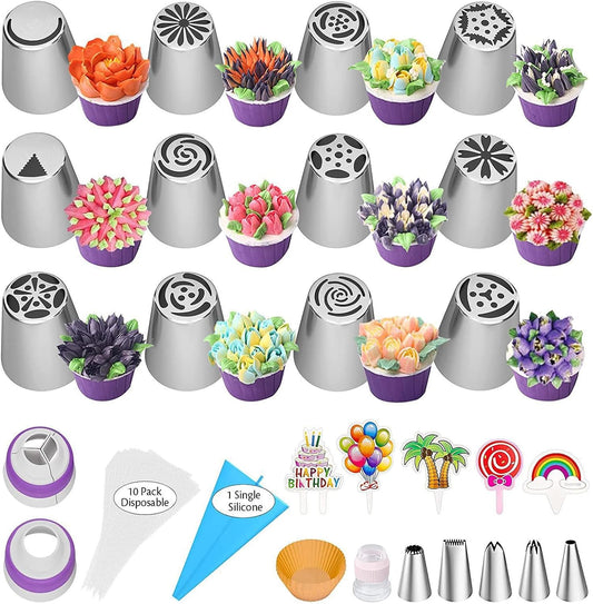 56-Piece Russian Piping Tips Set, Cake Decorating Kit with 17 Frosting Nozzles, Reusable Piping Bags, and Baking Supplies for Cupcakes, Cookies, Cakes - Idael for Bakers & Beginners