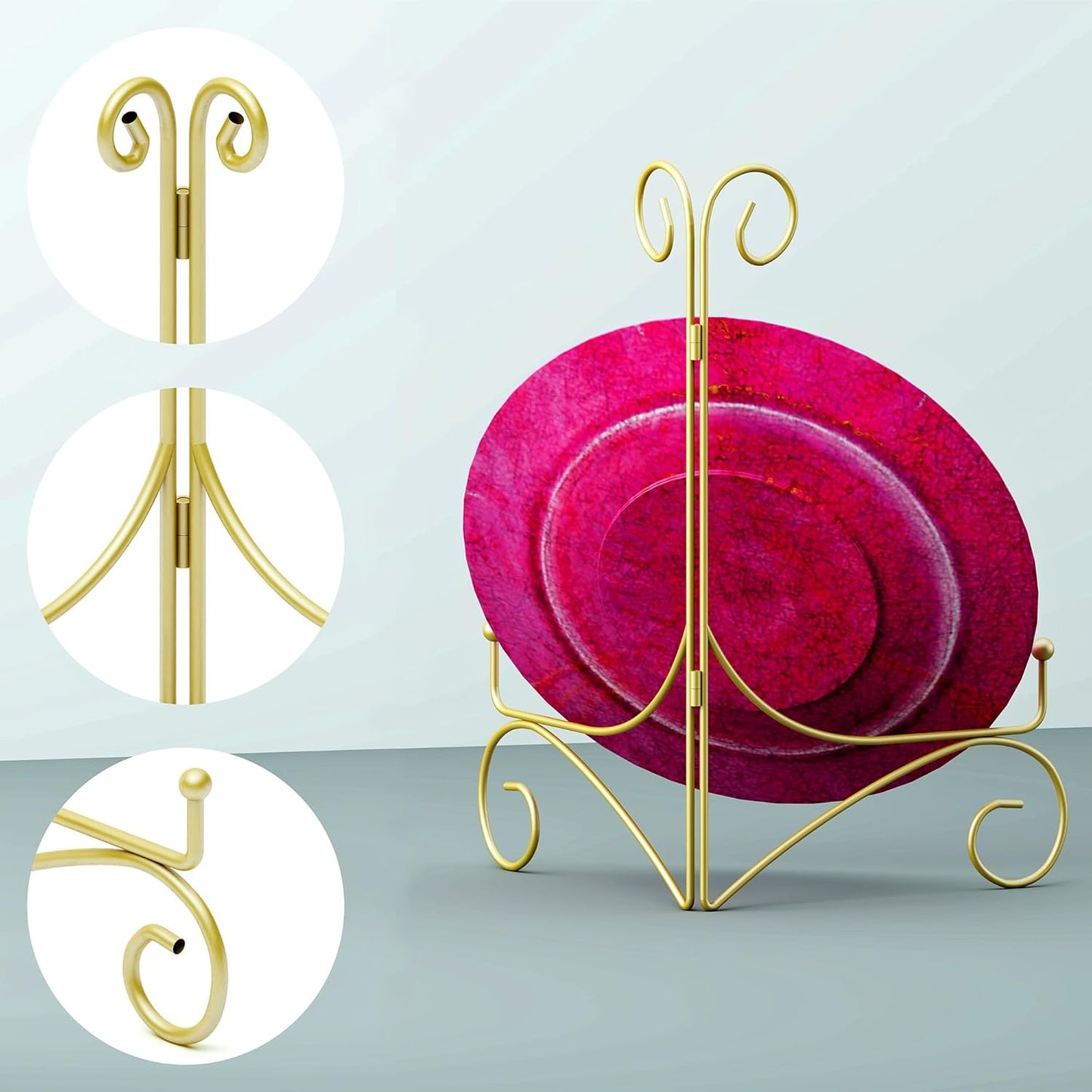 Plate Display Stands with Hinged Folding Design, 8 Inch Picture Frame Stand for Tables, Decorative Easels for Plates, Photos, Cards and Books, 8’’ Gold