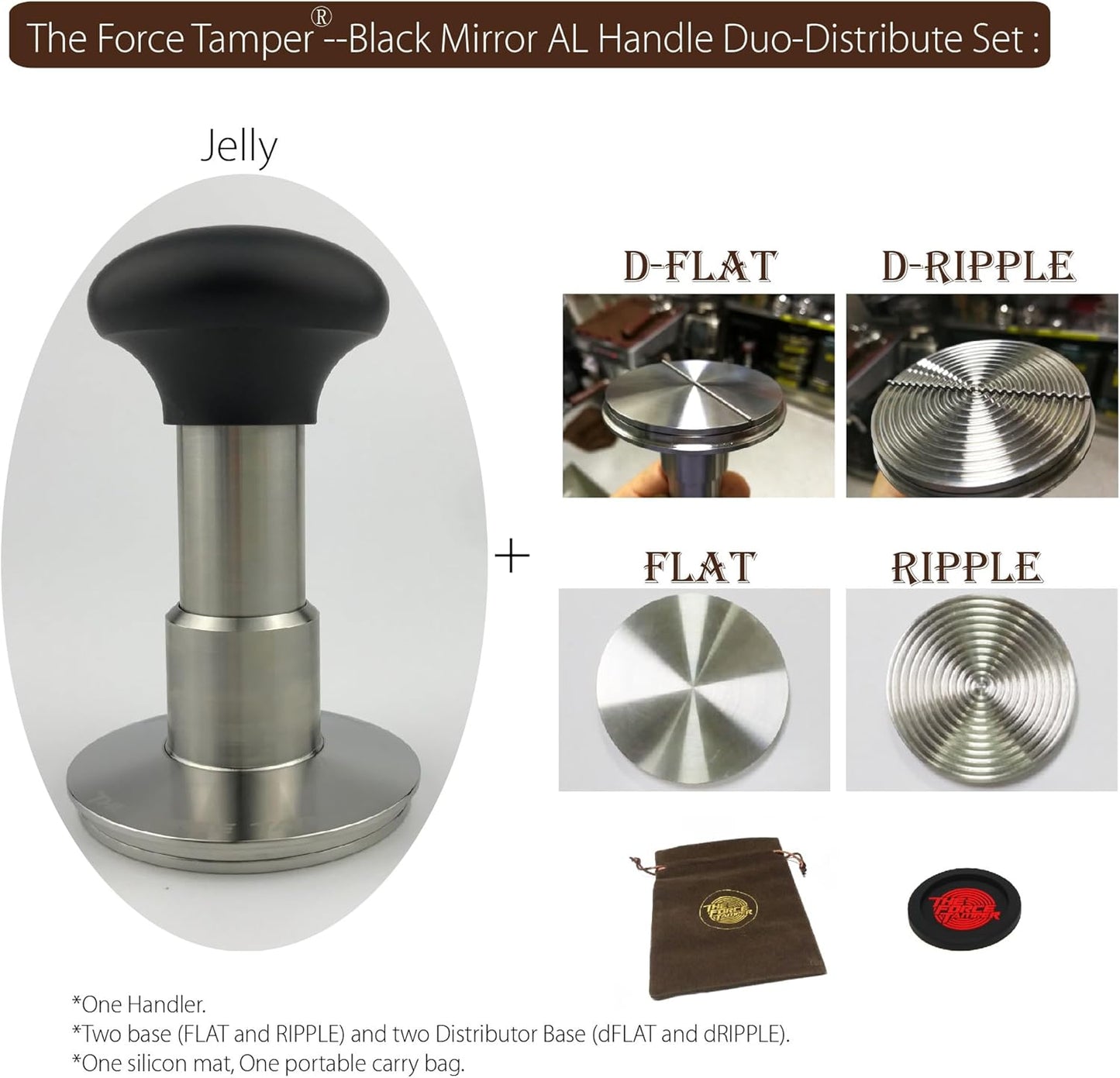 The Force Tamper Automatic Impact Coffee Tamper Adjustable Const Pressure and Autoleveling Duo-Distribute Set New (Jelly-Black Mirror AL, 53.00mm)