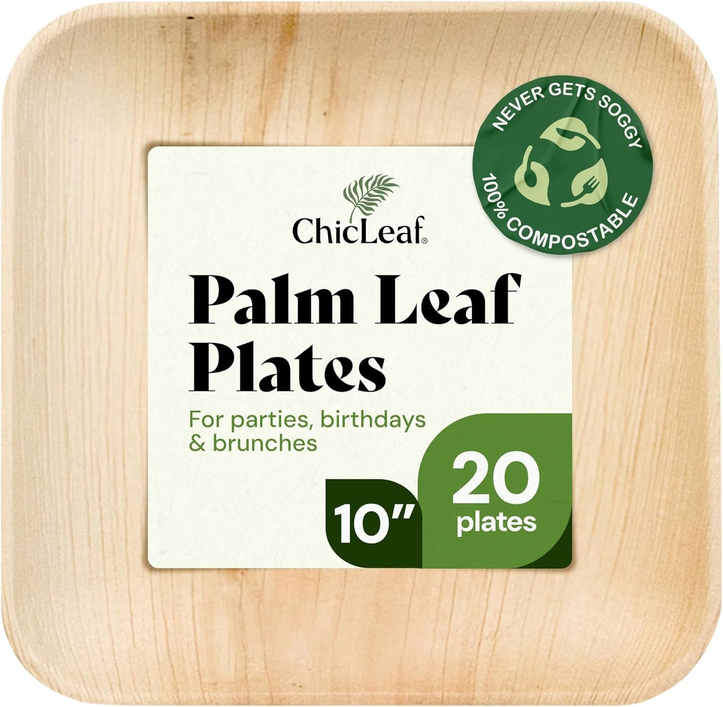 Chic Leaf Palm Leaf Disposable Bamboo Plates ? Square, Biodegradable & Compostable Party Plates for Weddings, Parties & Events - Disposable Platter (10", 20 Pack)