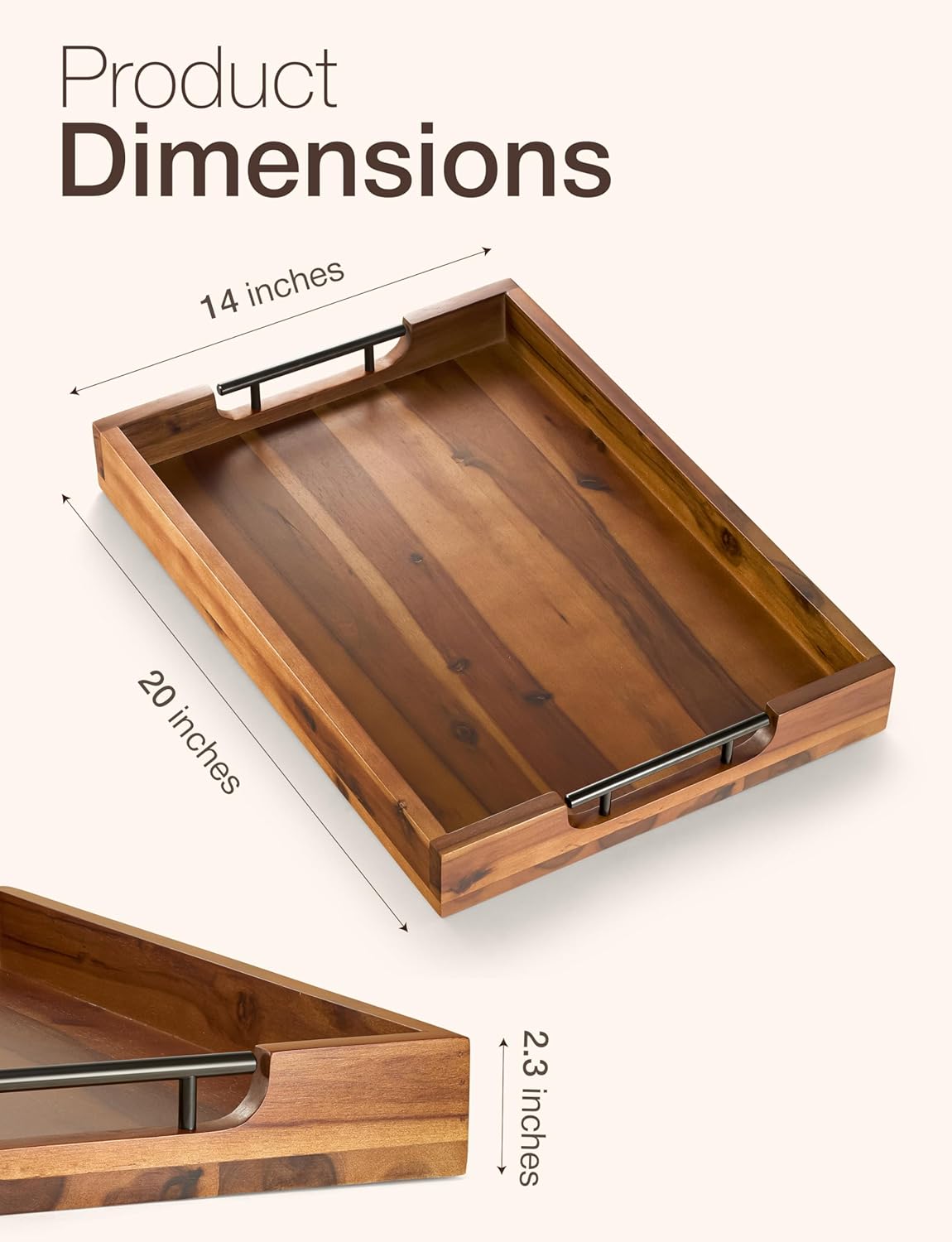 20 Inch Acacia Wood Ottoman Tray with Metal Handle - Wooden Square Serving Tray - Extra Large Food Trays for Decorative, Coffee Table, Breakfast in Bed - Charcuterie Trays Use for Kitchen