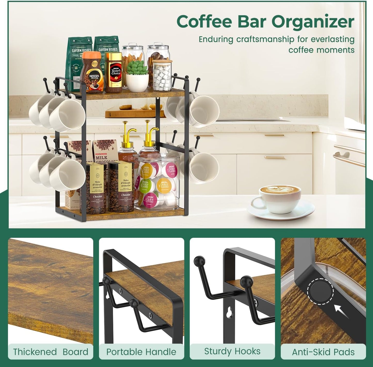 EsLuker.ly 2 Tier Coffee Mug Holder Station Bar Organize Countertop, Mug Cup Tree Rack for Kitchen Office, Storage Shelf with 12 Hooks, Creat Stylish Coffee Corner, Vintage Brown-Black