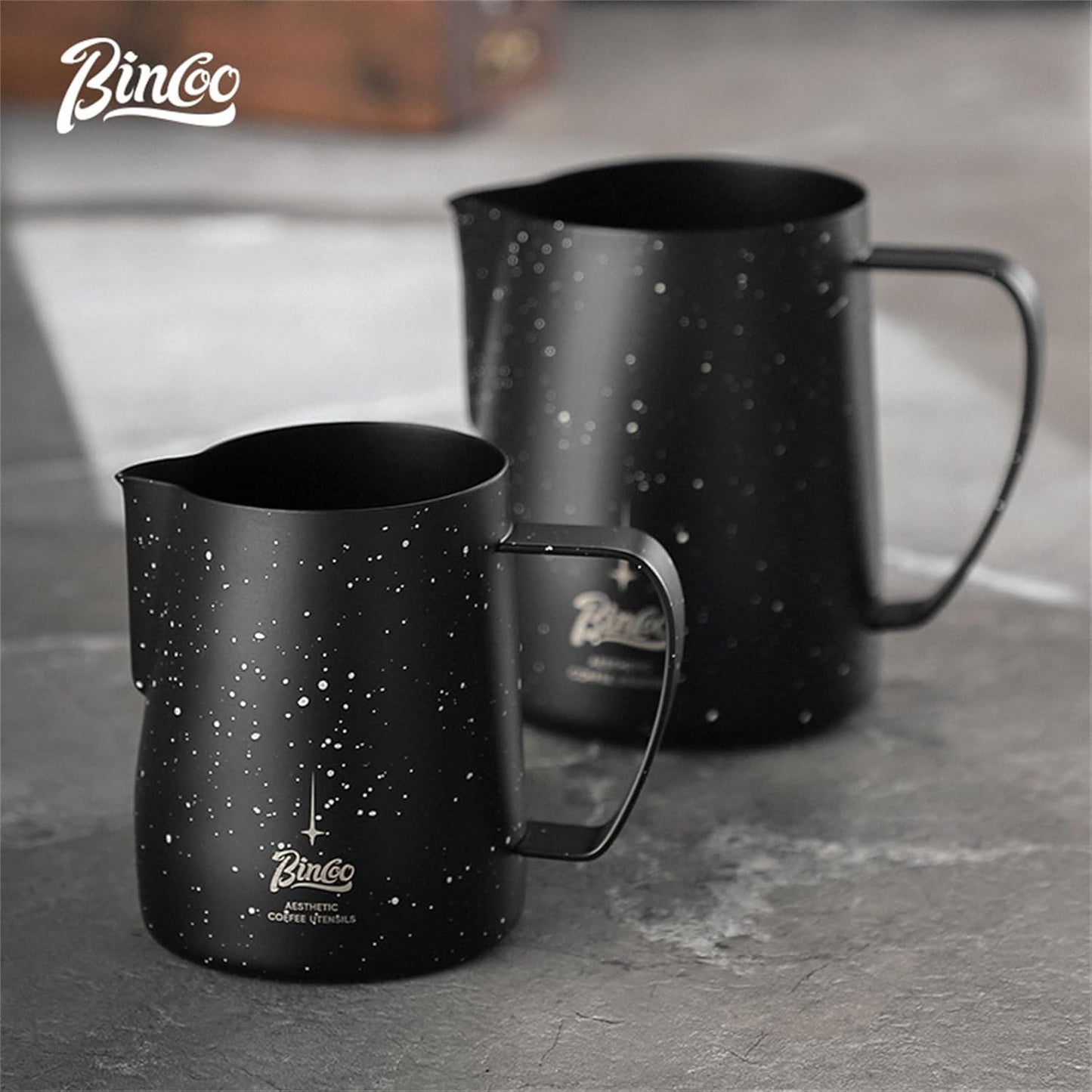 Bincoo Star Milk Frothing Pitcher 12oz,Espresso Steaming Pitcher,Espresso Machine Accessories,Milk Frother cup,Milk Coffee Cappuccino Latte Art,Stainless Steel Jug Cup.(Black 12oz)