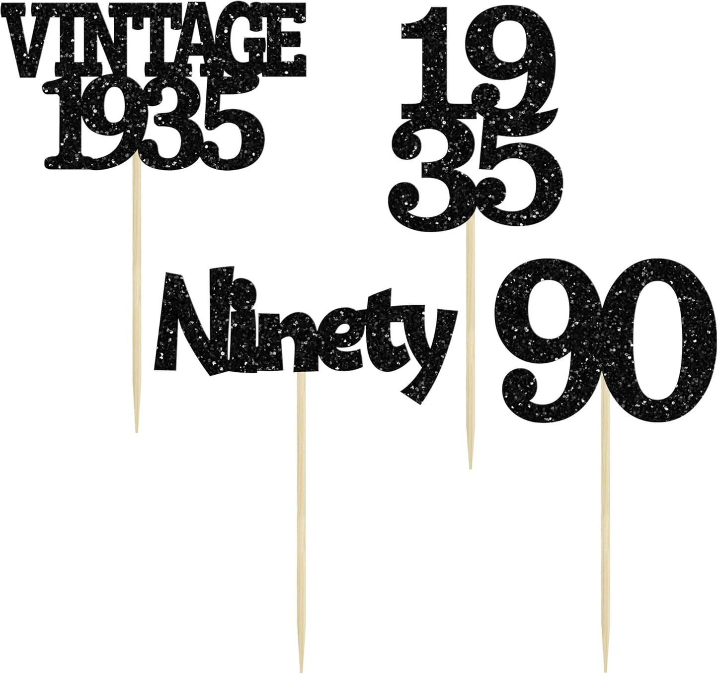 Gyufise 24Pcs Vintage 1935 Cupcake Toppers Glitter Cheers to 90 Fabulous Ninety Cupcake Picks 90th Birthday Wedding Anniversary Party Cake Decorations Supplies Black