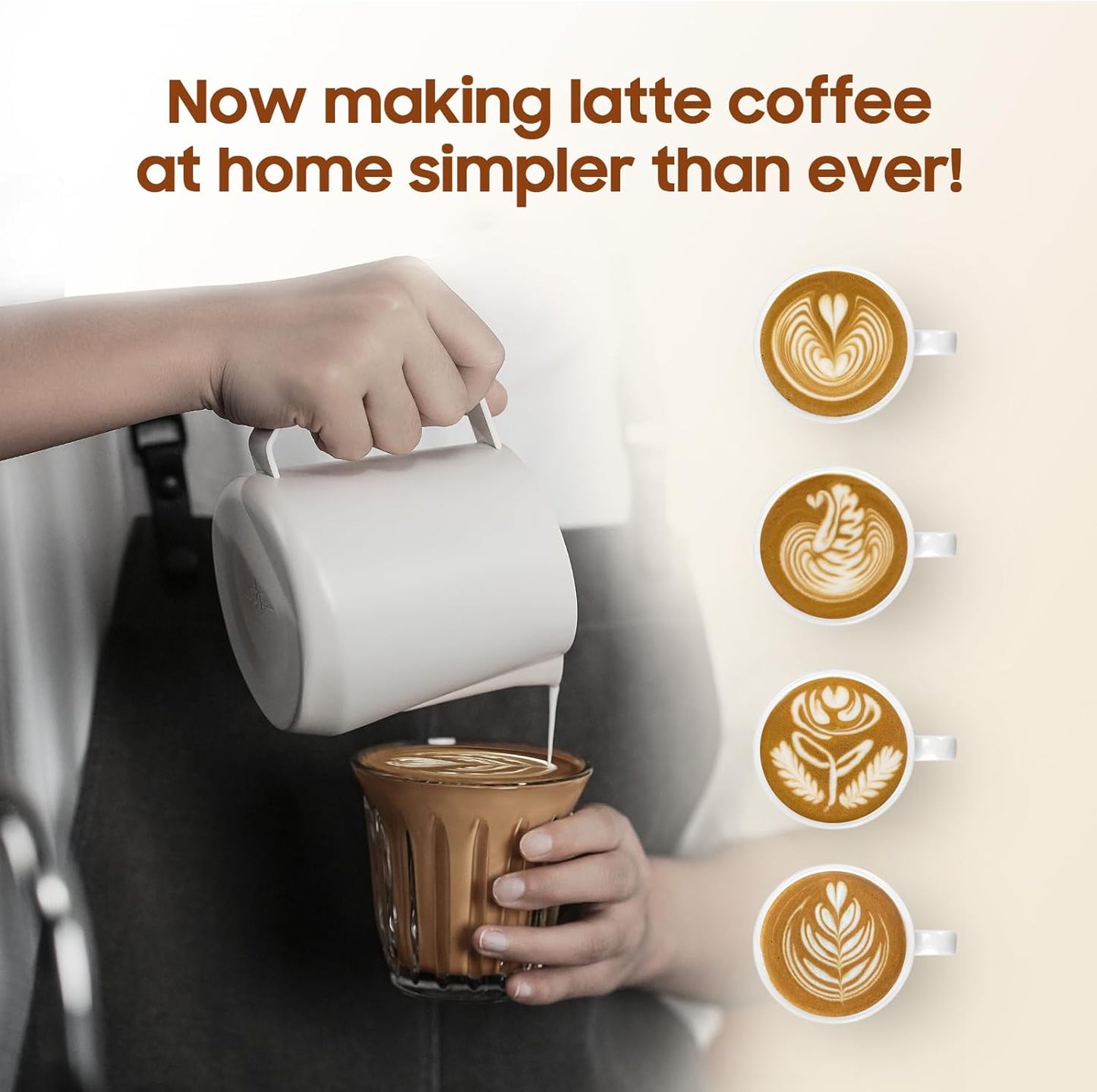 MHW-3BOMBER Milk Frothing Pitcher - 20oz/600ml Milk Frother Cup with U-Shaped Spout - SUS 304 Steaming Pitcher - Cappuccino Latte Art Cup for Barista - Quadrilateral Body - Cream White P5181-OS
