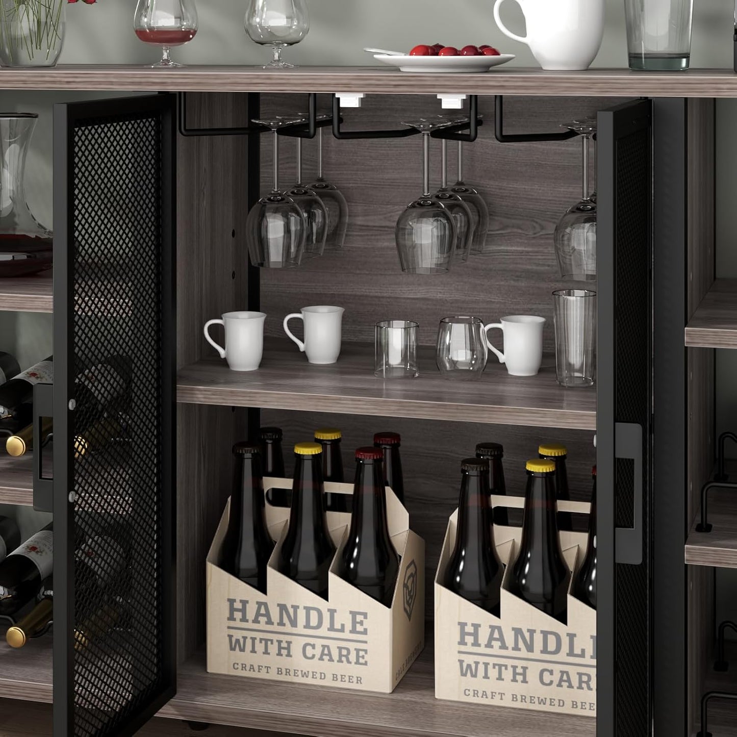 Bar Cabinet, 55 Inches Industry Coffee Bar Cabinet with Wine Rack and Glass Holder, Kitchen Sideboard Buffet Cabinet with Wine Rack Storage for Liquor and Glasses (Rustic Grey)
