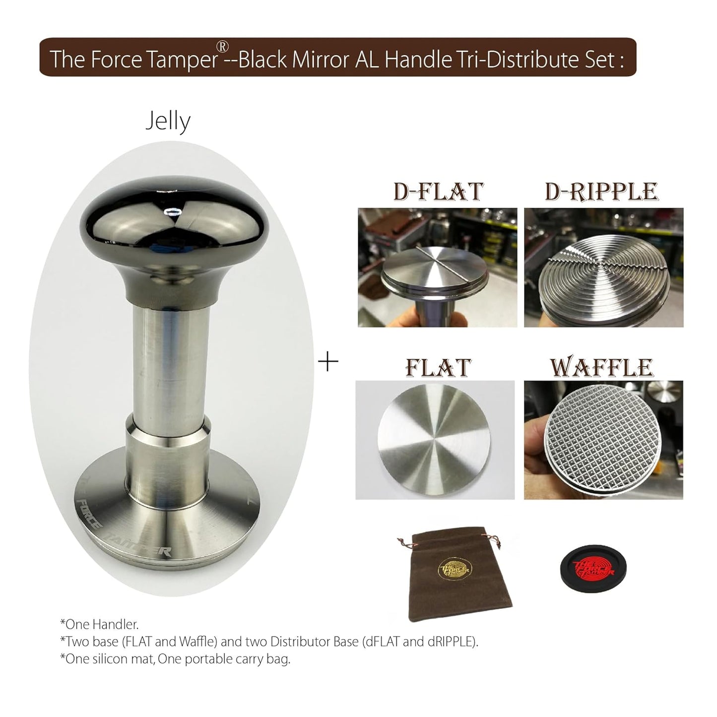 The Force Tamper Automatic Impact Adjustable Constant Pressure and Autoleveling Coffee Tamper Black Mirror Jellyfish AL Handle Set Pro (TRI-Distribute Set, 58.35mm)