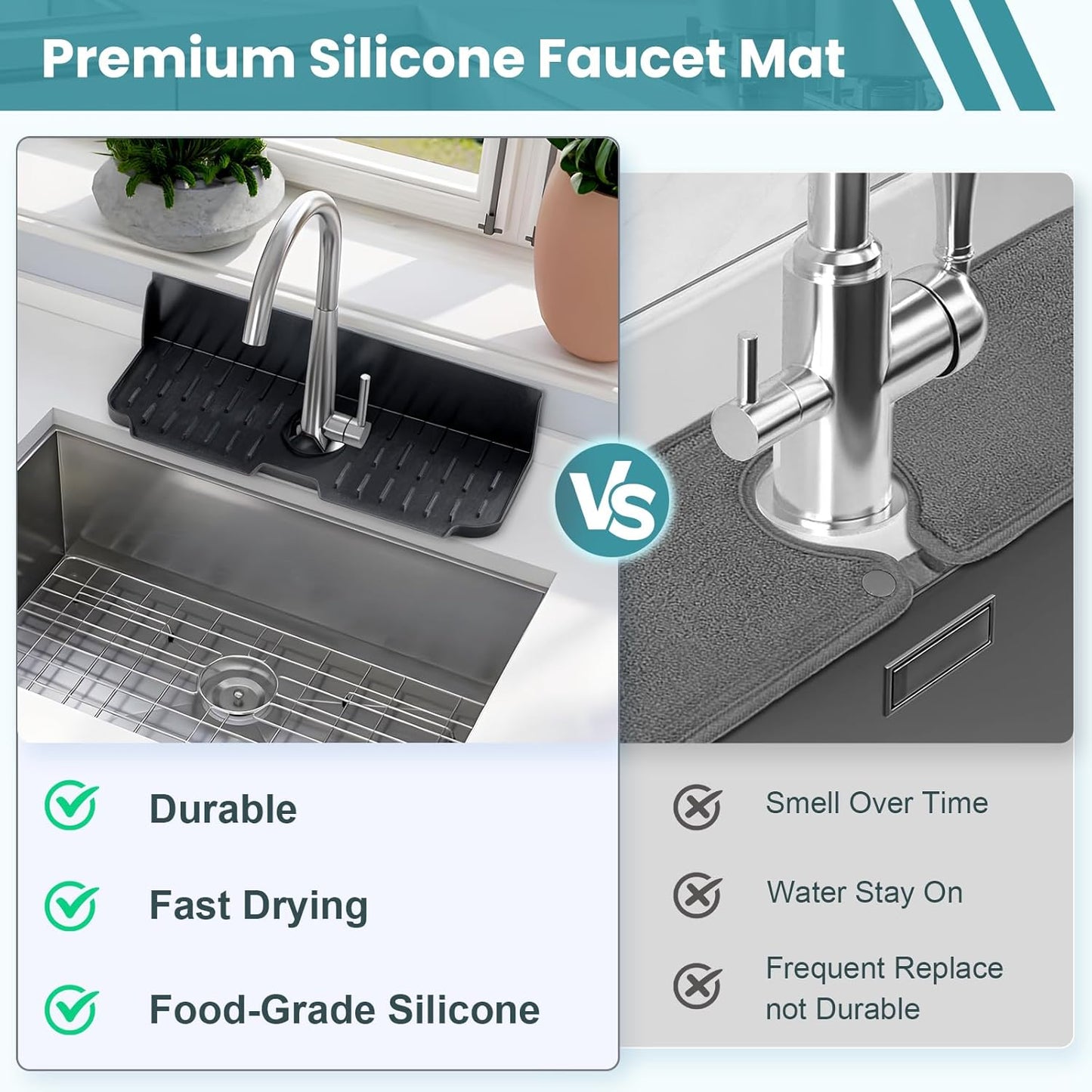 Silicone Kitchen Sink auto Drain Organizer, Kitchen countertop and Sink Splash Guard.Kitchen Sponge Rack and organizing Shelf，Suitable for Cleaning Tools, dispensers, Bottles, Cups (Black)