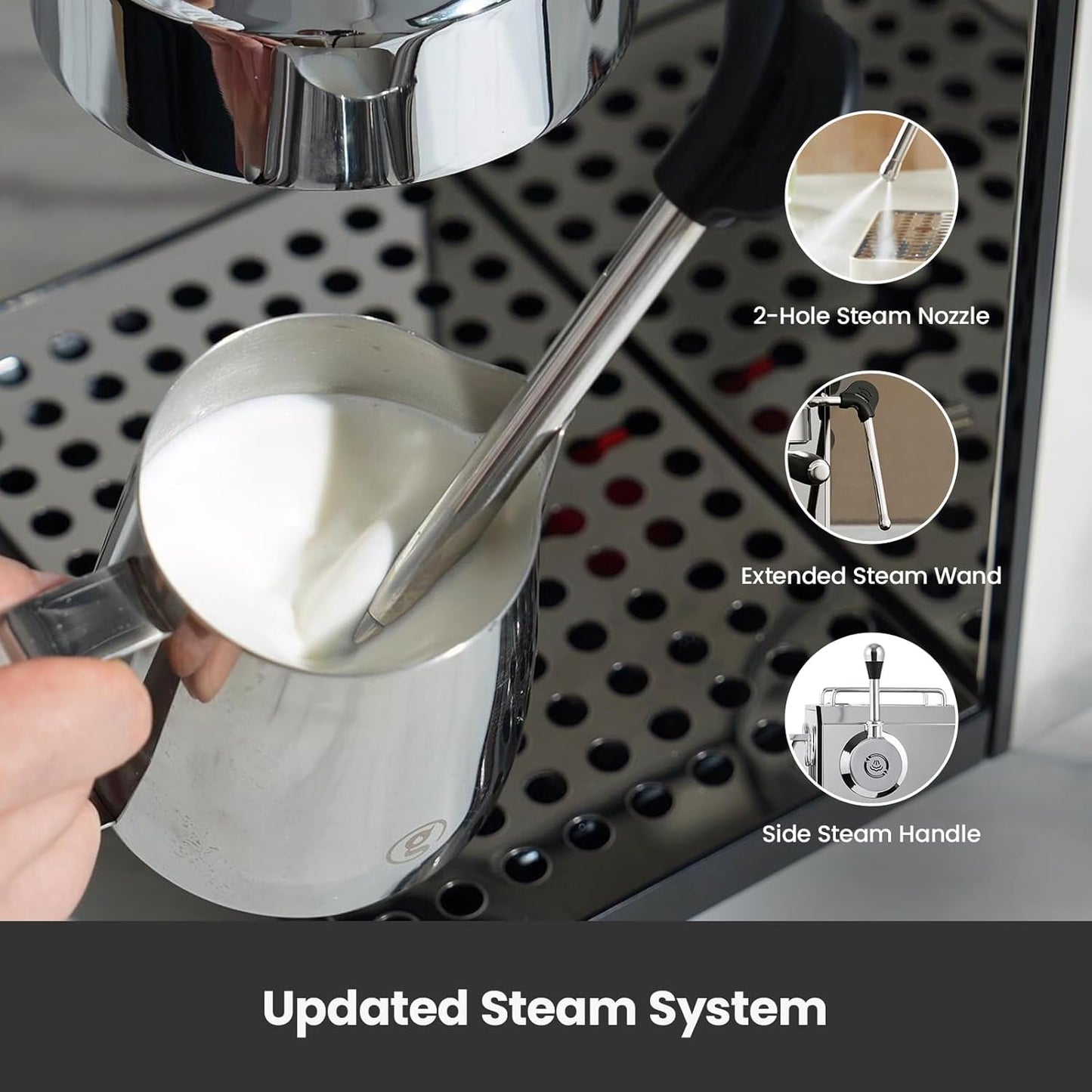 Owl Espresso Machine, 15 Bar Professional Semi-Automatic Espresso Maker with Milk Frother Steam Wand & 57oz Removable Water Tank, Dual Display, for Cappuccino, Latte, G3006, Stainless Steel
