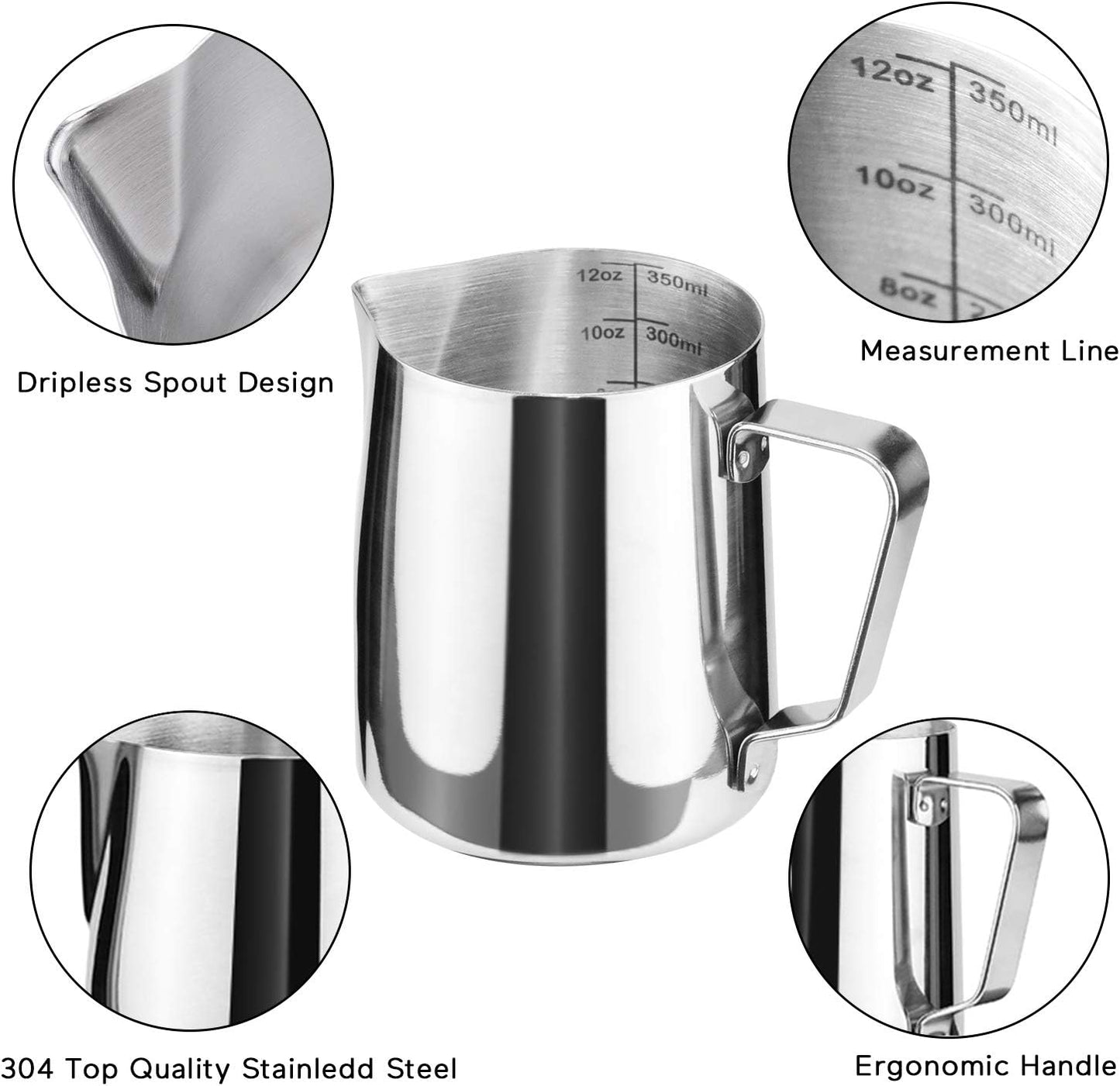 SIKEMAY Milk Frothing Pitcher Cup, 12oz/350ML Milk Frother Cup Stainless Steel Steaming Pitcher Milk Jug Coffee Latte with Art Pen Cappuccino Espresso Machine Accessories Barista Steam Pitchers Tools