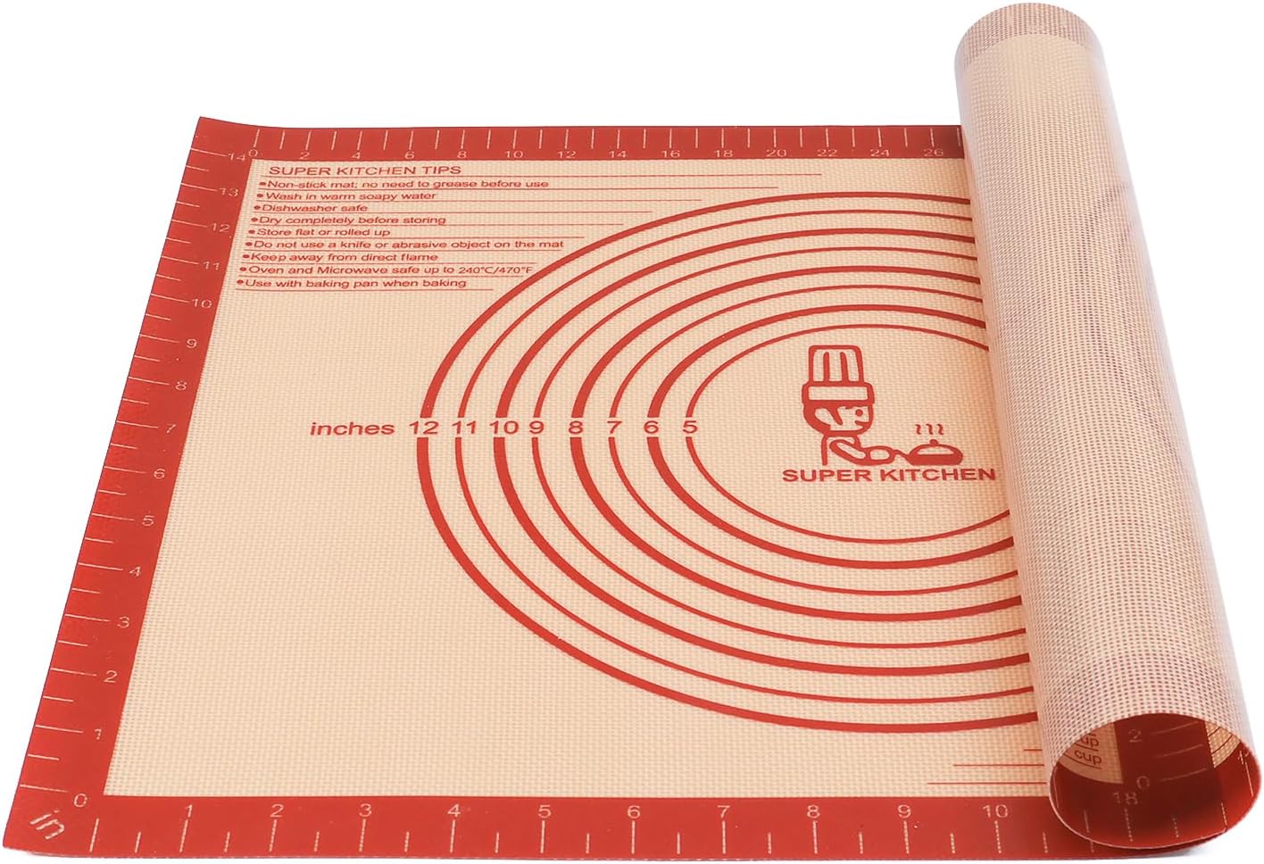 Extra Thick Silicone Pastry Mat Large for NonStick Baking Mat with Measurement，For Kneading,Fondant/Counter Pad, Dough Rolling, Silicon Cookie Sheet, Pie Crust Bake (16×20, Red)
