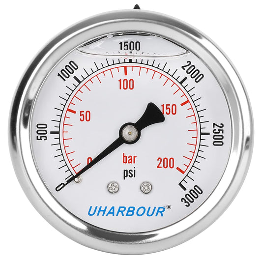 Glycerin Filled Pressure Gauge 3000psi/200bar, Stainless Steel case, Brass Inside Construction, 2-1/2" dial, 1/4" NPT Back Connection.¡¦