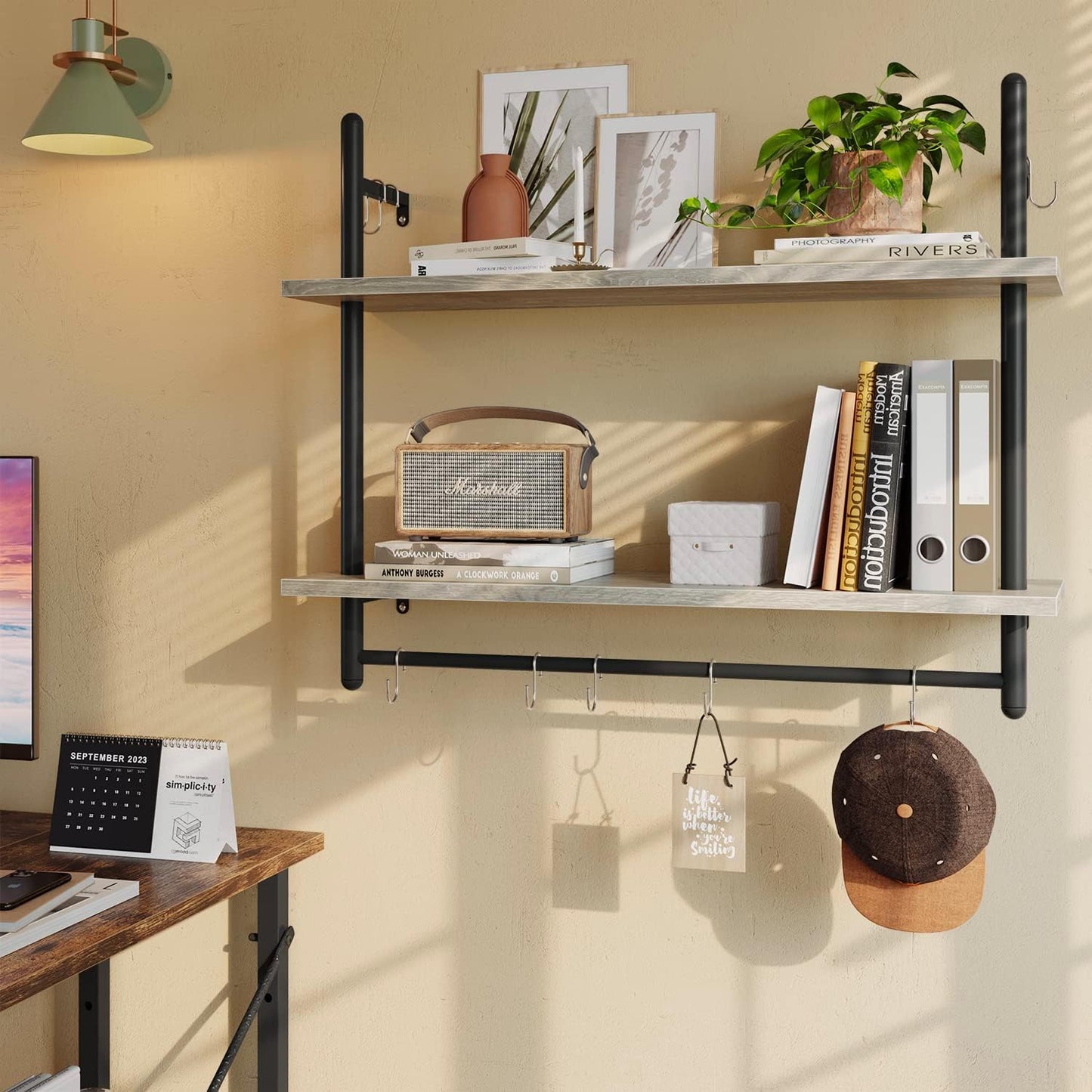 Bestier Pipe Shelf Industrial Floating Shelving 31" Kitchen Wall-Mounted Shelves with 8 Towel Bar Hooks Coffee Bar Shelf Wine Hanging Display Rack Bookshelf Living Room Decor Bathroom-Retro Grey
