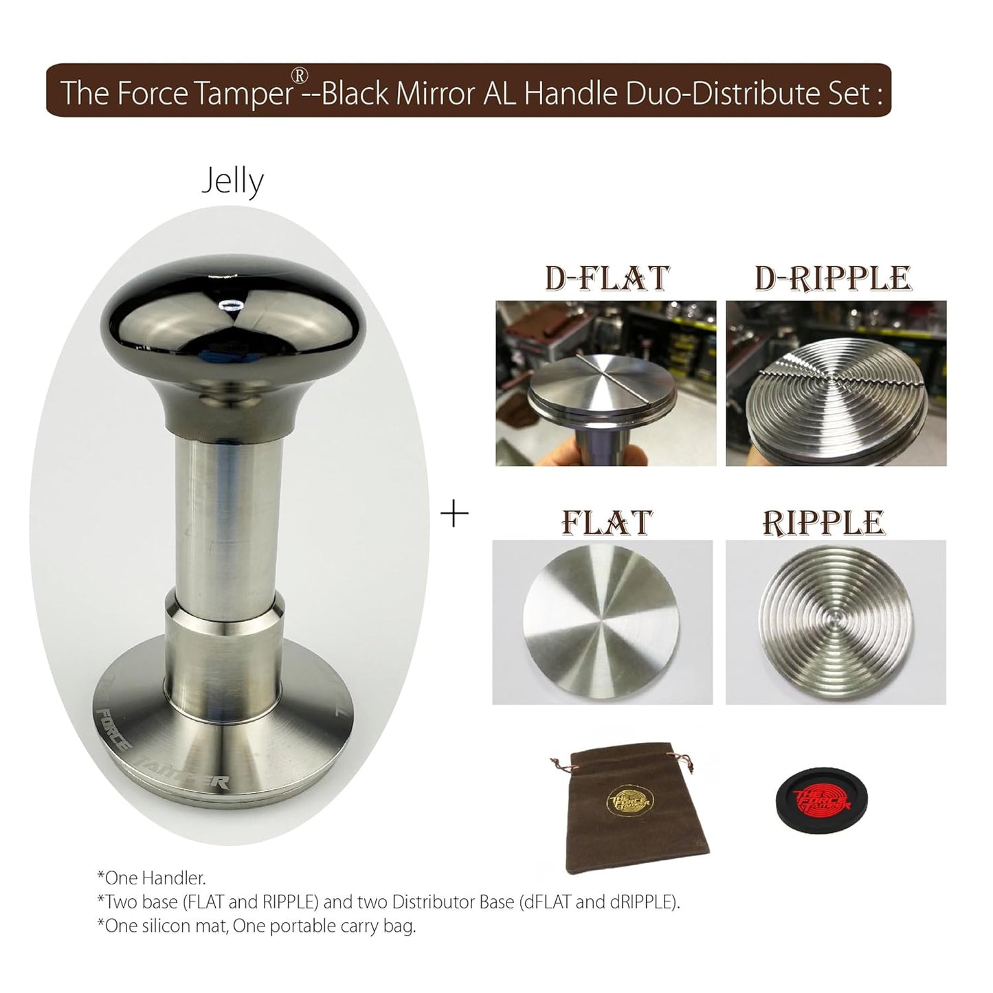 The Force Tamper Automatic Impact Adjustable Constant Pressure and Autoleveling Coffee Tamper Black Mirror Jellyfish AL Handle Set Pro (Duo-Distribute Set, 54.00mm)