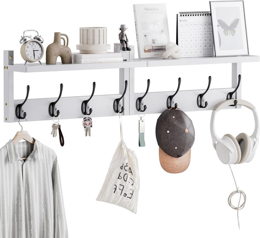 Coat Rack with Shelf Wall Mount, Entryway Bamboo Hanging Shelf, Set of 2, Wall Hook Rail for Hallway D?cor, Storage Clothe, Hat, Robe, Key, Dog Leash (White+Black)