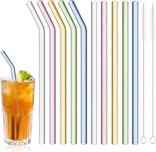 Reusable Glass Straws Shatter Resistant 8¡± x 8mm, 10 Pcs Colorful Glass Drinking Straws with 2Pcs Cleaning Brush, Including 5 Straight and 5 Bent Reusable Straws for Beverage, Milk, Juice, Coffee