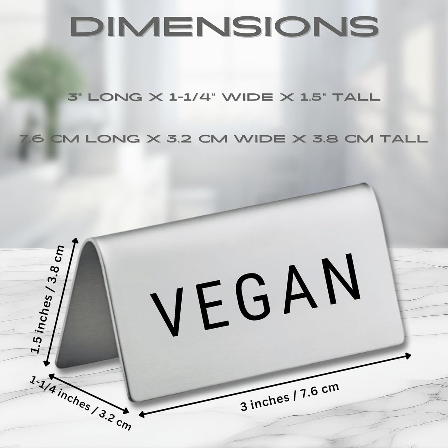 Vegan Stainless Steel Metal Table Tent Sign - 3" x 1-1/2" - Table Top Setting for Restaurants, Catering Businesses, Business. Great for Wedding, Banquet, Buffet, Party, Events. To Label Food Areas for
