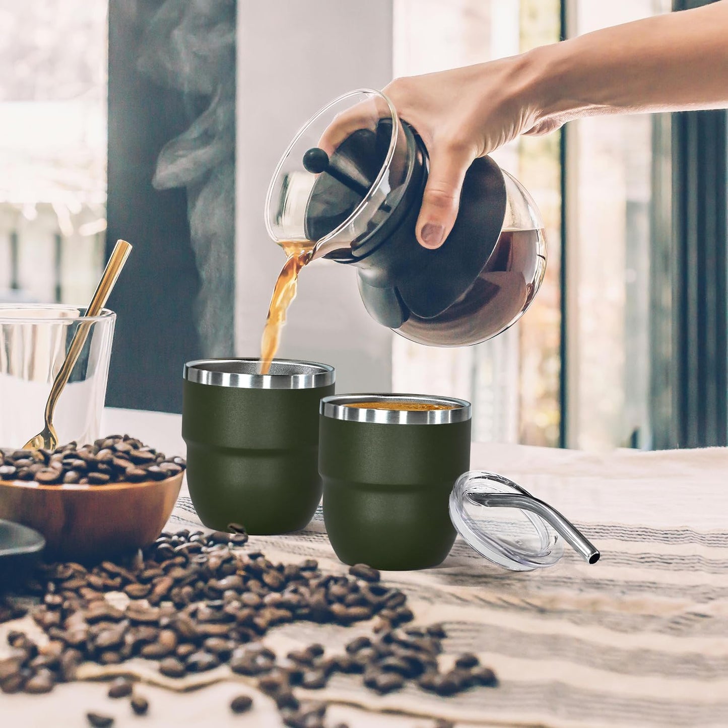 4oz Stackable Cup, Vacuum Insulated Espresso Cup Set of 2, Espresso Shot Glass for Coffee, Double Wall Stainless Steel Mini Tumbler Shot Glasses with Straw and Lid (A-green2P, 4oz)