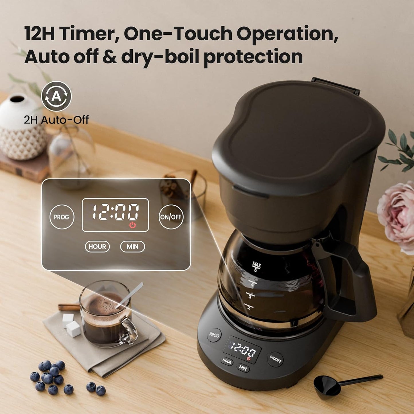 Kismile Compact Drip Coffee Maker, Anti-Drip System, 5 Cup Coffee Maker, Timer, Removable Funnel & Auto Shut-Off, Anti-Dry Protection, Perfect Small Coffee Machine for Home & Office (Black)