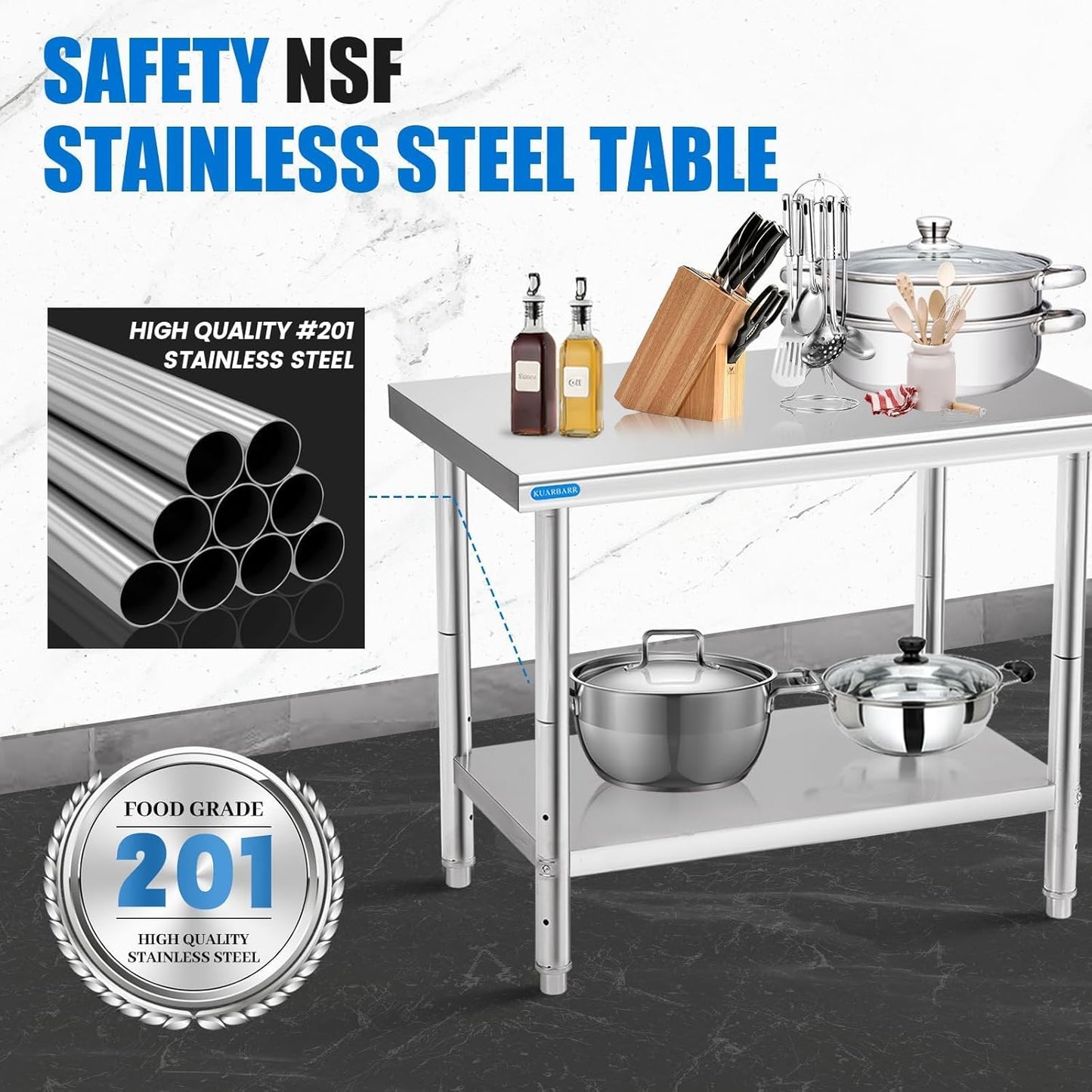 Stainless Steel Table for Prep & Work with Undershelf 24 x 30 Inches NSF Metal Commercial Kitchen Prep Table with Adjustable Under Shelf Worktable for Restaurant Home Outdoor