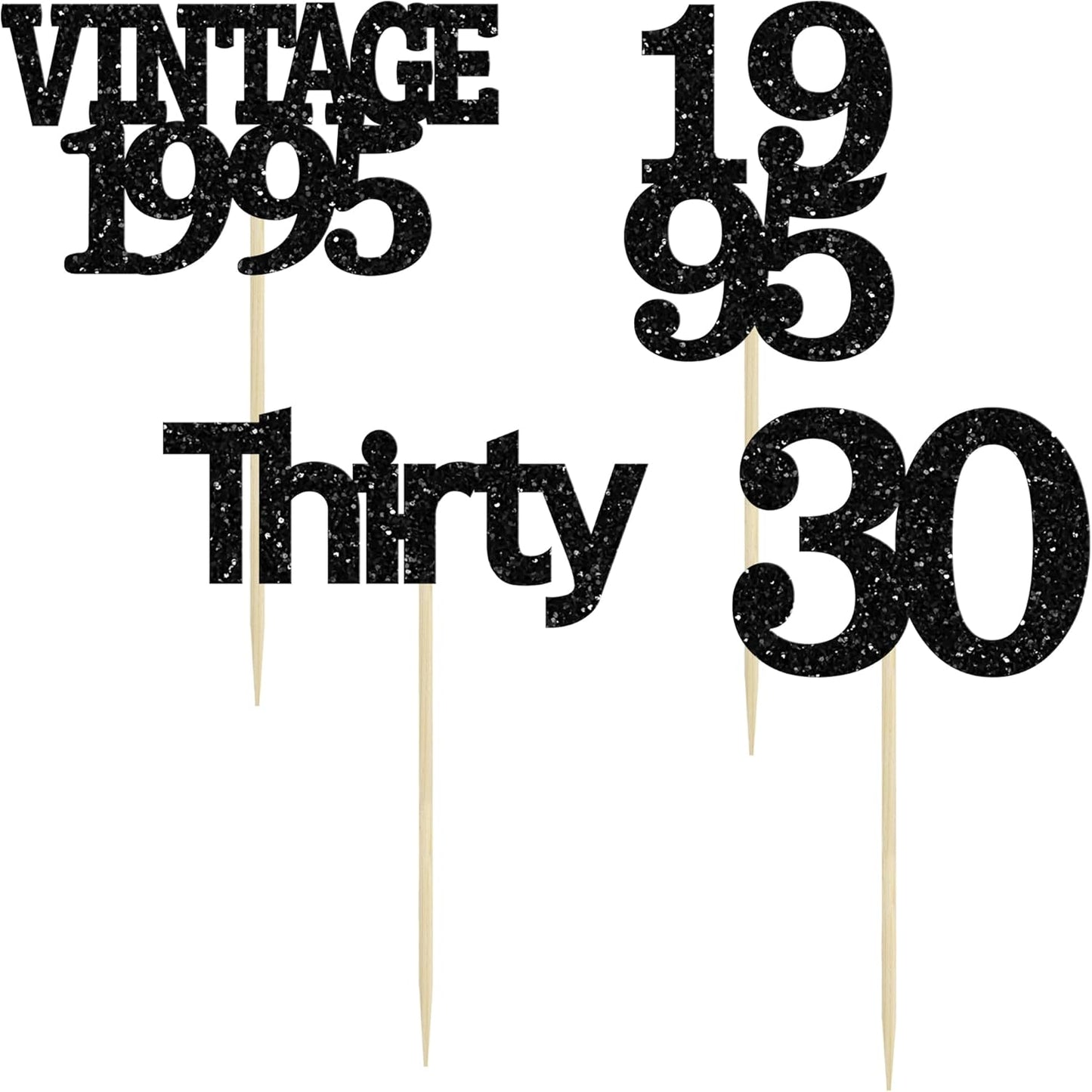 Gyufise 24Pcs Vintage 1995 Cupcake Toppers Cheers to 30 Fabulous Thirty Cupcake Picks Decorations for 30th Birthday Wedding Anniversary Party Supplies Black