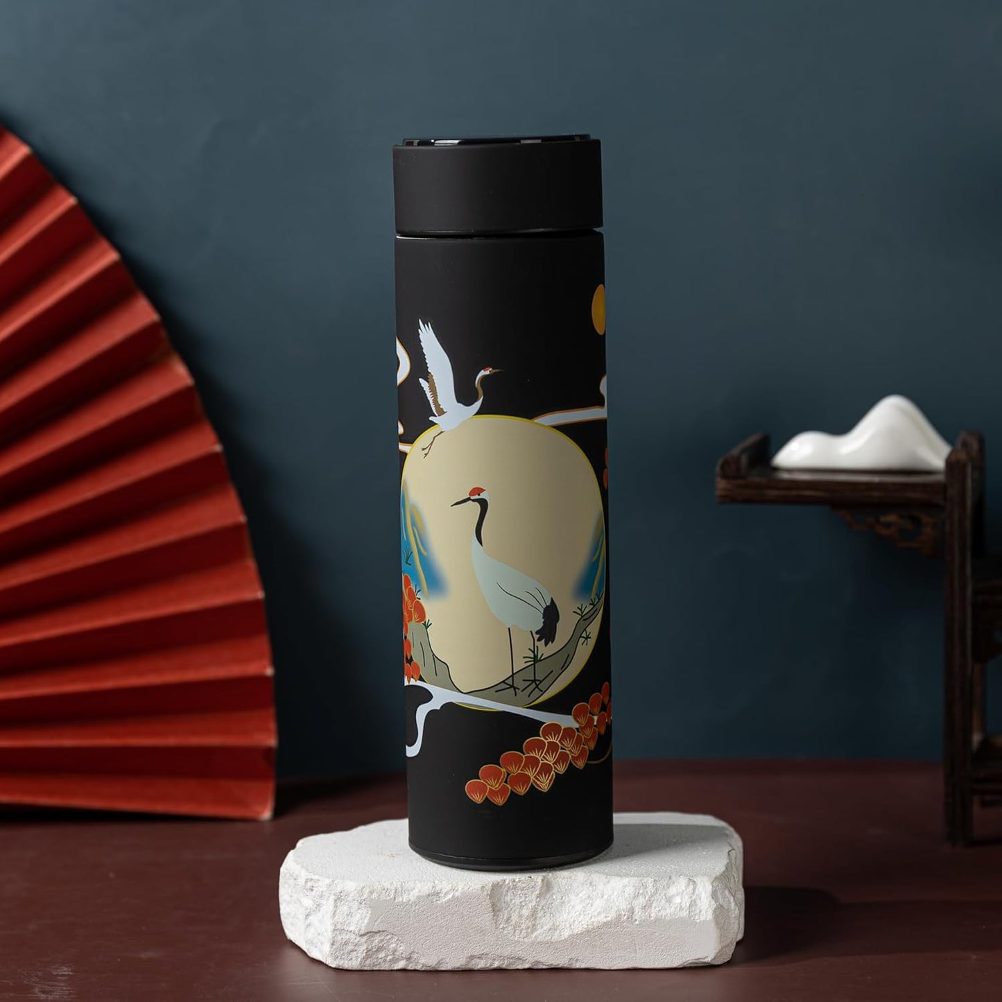 Insulated Coffee Tea Travel Thermos Mug Water Bottle with Removable Strainer and Temperature Featuring Elegant Asian Art Design - 16.9 fl oz (Black)