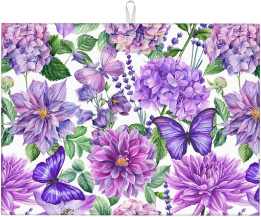 Purple Hydrangea Flowers Dish Drying Mat,Butterfly Floral Drying Rack Pad Countertop Dishes Ultra Absorbent Microfiber Kitchen Counter Mat for Coffee Countertop Decor 18x24 Inch