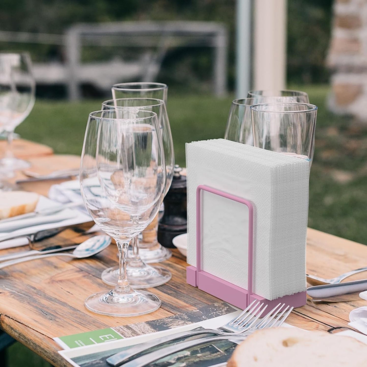 Wican Napkin Holder for Table, Pink Kitchen Accessories Appliances for Table Farmhouse Cocktail Picnic Rustic Bamboo Iron Wood Holders for All Dining Room Decor Pink