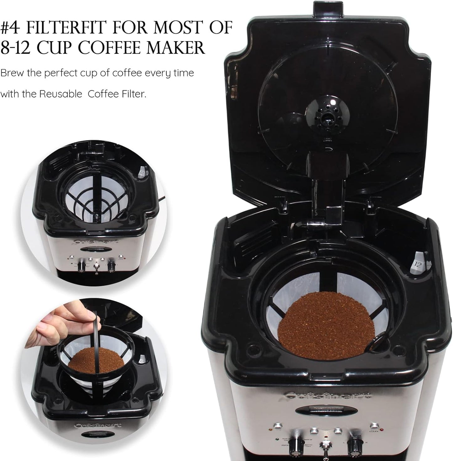 (4-Pack) No.4 Cone Reusable Replacement Coffee Maker Basket Filter Compatible with Cuisinart, Ninja Coffee Bar Brewer Filters, Fit Most 8-12 Cup Basket Drip Coffee Machine, BPA Free