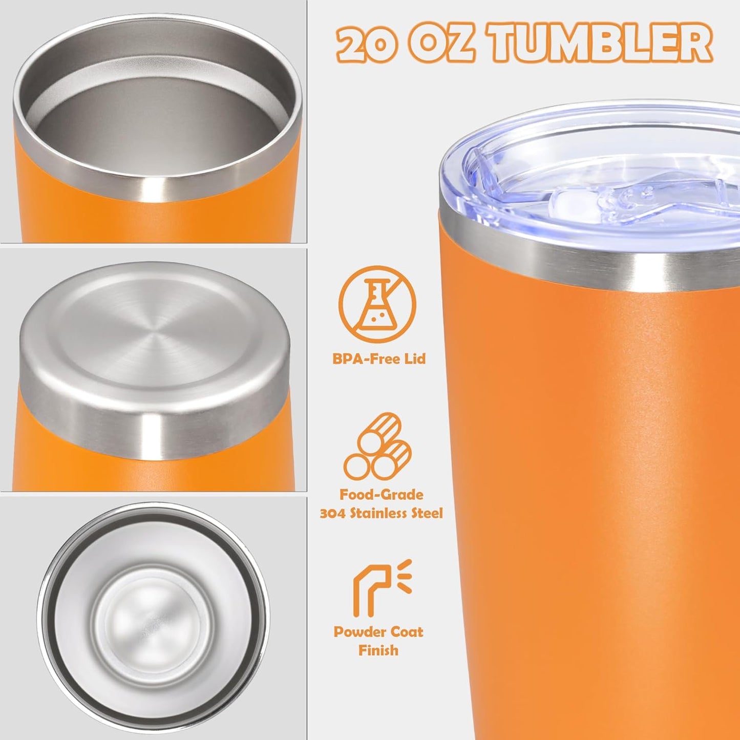 20oz Tumbler Stainless Steel Tumbler Cup with Lid Vacuum Insulated Double Wall Travel Mug, Durable Powder Coated Travel Coffee Tumbler Mug for Hot & Cold Drinks,Orange,1 Pack
