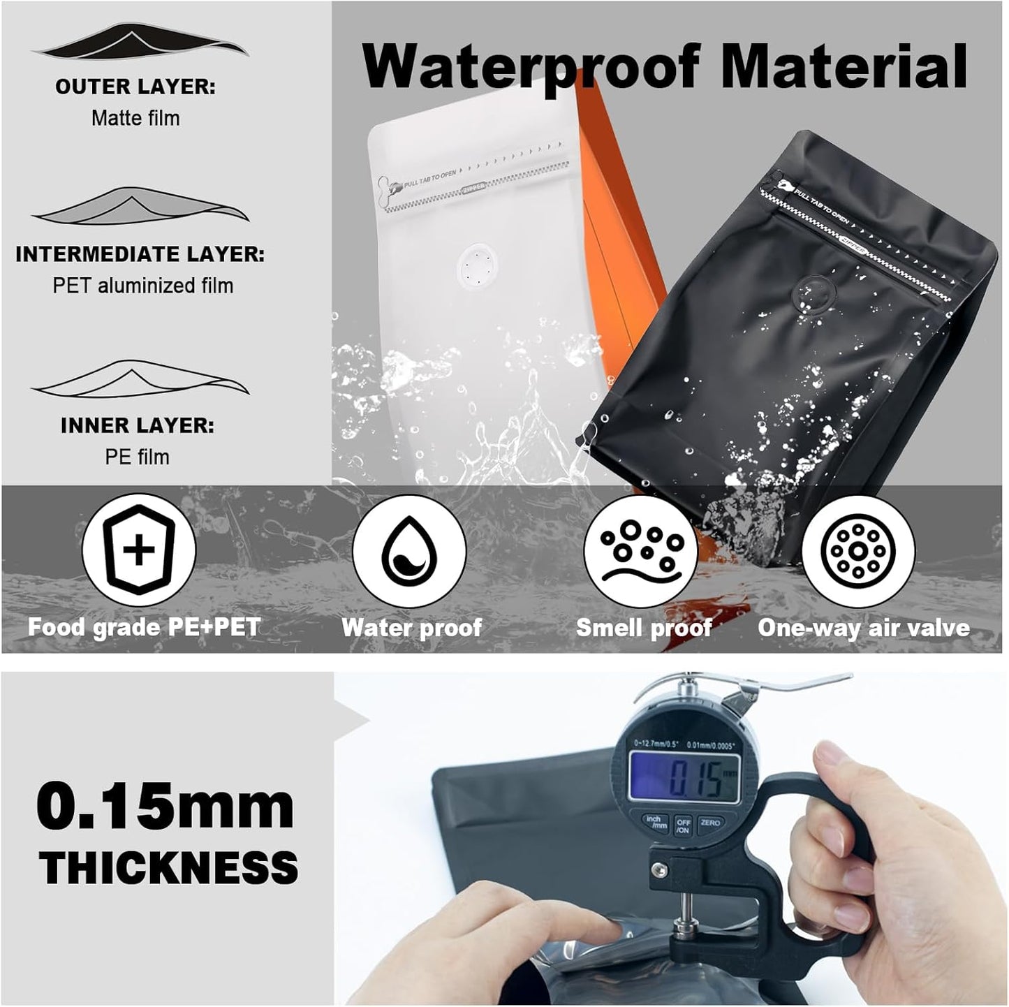 Coffee Bags with Valve(60pcs,16 oz,1 lb) Vented Coffee Beans Packaging Bags High Barrier Aluminumed Foil Flat Bottom Heat Sealed Side Zipper Resealable Storage Bag for Home or Business（White+Black）