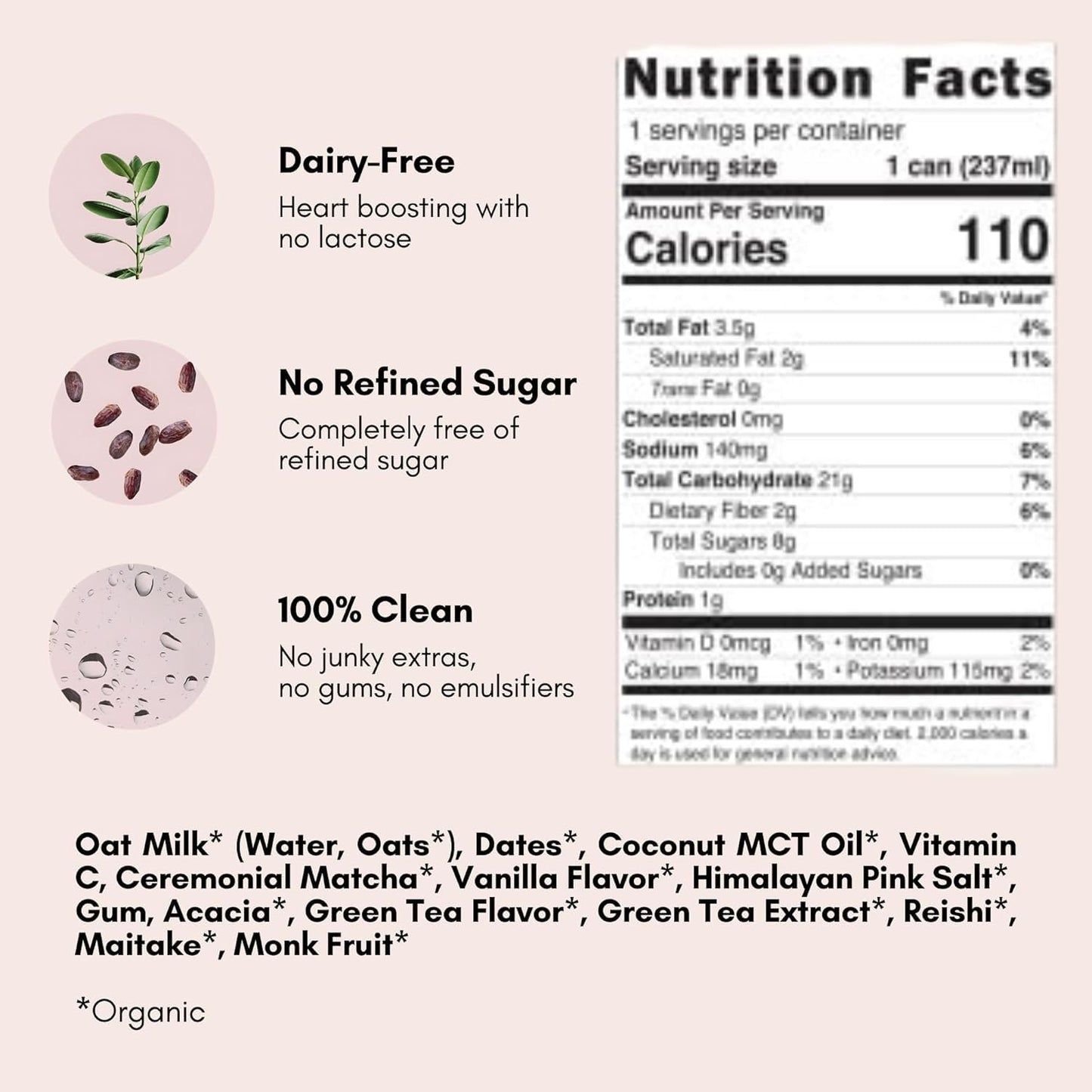 Pop & Bottle, Vanilla and Matcha Oat Milk Lattes - Reishi and Maitake Mushrooms, Green Tea, Cold Brew, Marine Collagen, MCT Oil, Organic, Dairy & Gluten Free, Vegan - 8 Fl Oz, (Pack of 12), 6 Each