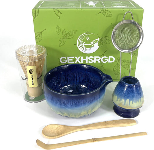 Matcha Whisk Set,6Pcs Matcha Kit Includes Matcha Whisk and Holder,Matcha Bowl with Spout,Matcha Sifter and 2Pcs Matcha Spoon,Suitable as a gift for those who like matcha (Gradient Blue)